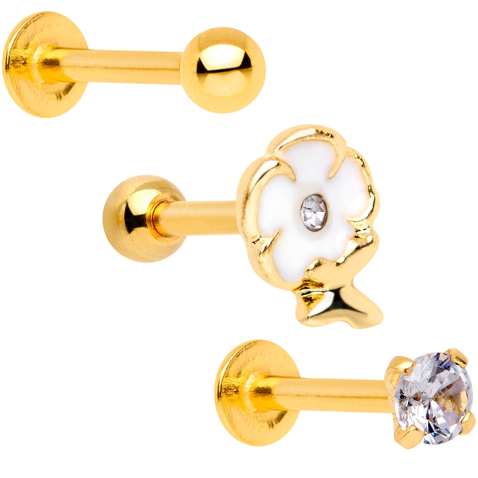 16G 1/4 Clear Gem Gold Tone Spring Cartilage Tragus Set of 3