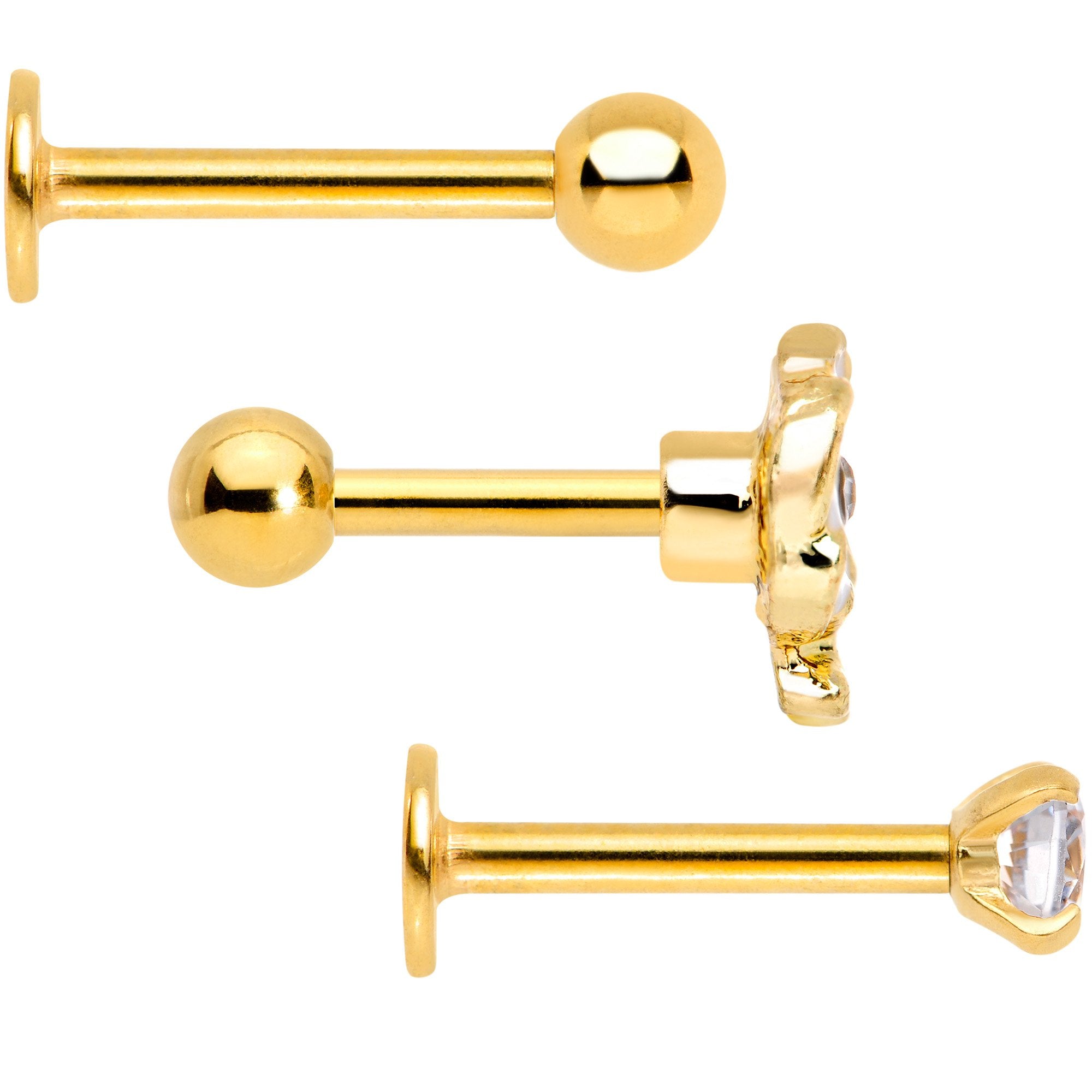 16G 1/4 Clear Gem Gold Tone Spring Cartilage Tragus Set of 3