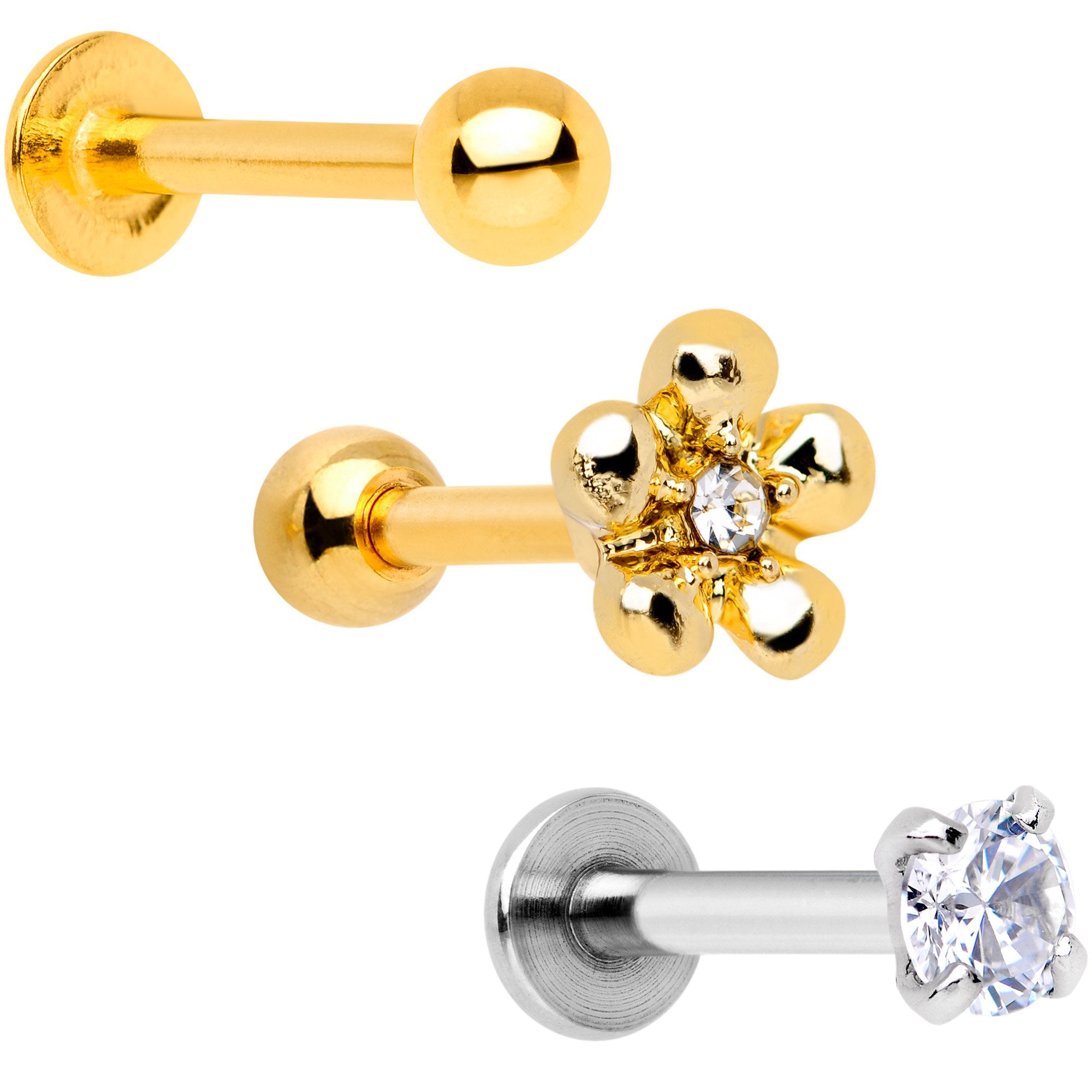16G 1/4 Clear Gem Gold Tone Daisy Flower Cartilage Tragus Set of 3