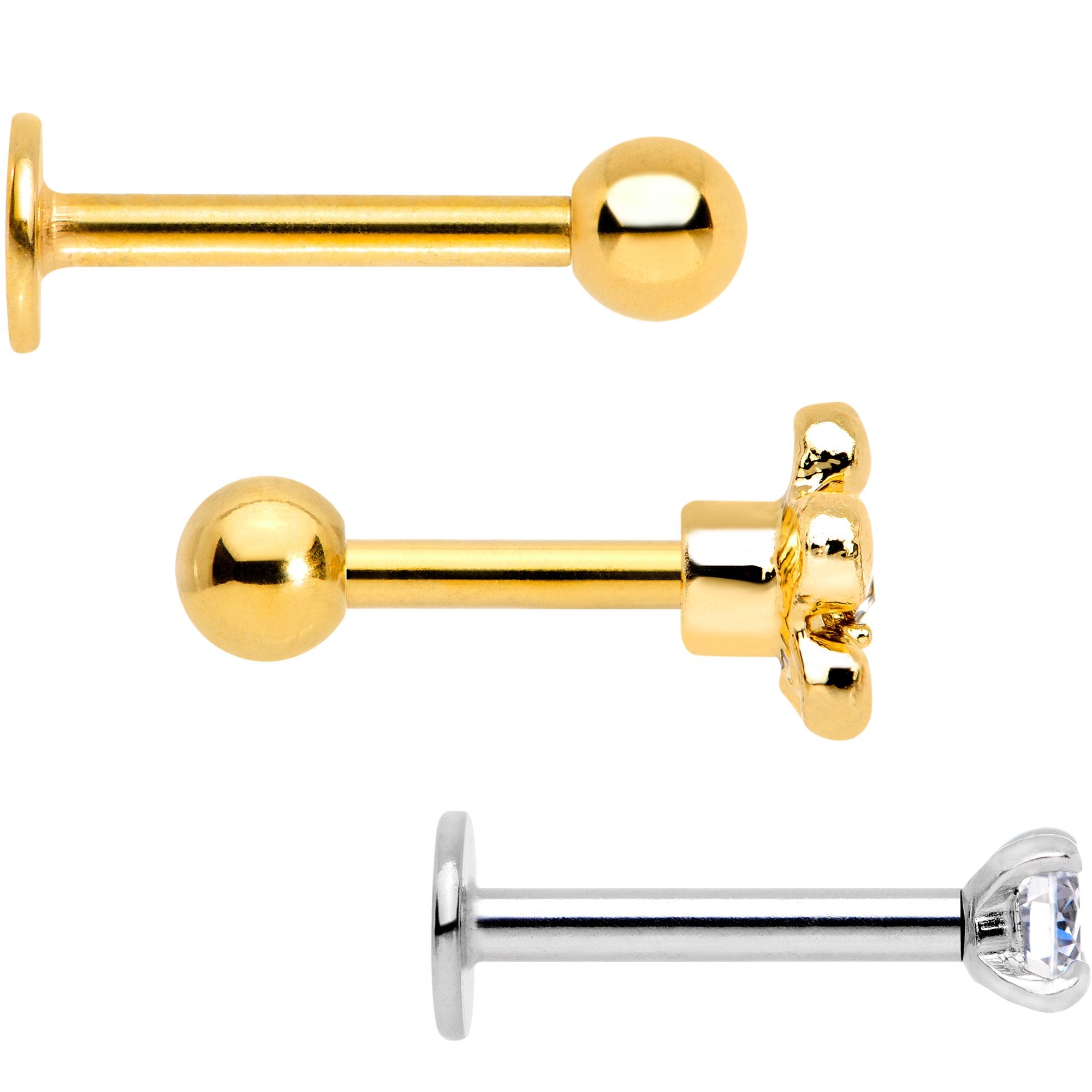 16G 1/4 Clear Gem Gold Tone Daisy Flower Cartilage Tragus Set of 3