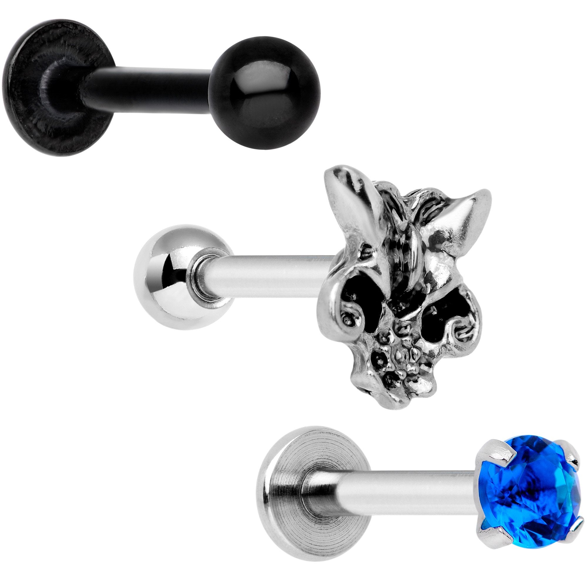 16G 1/4 Blue Gem Spring Black Cartilage Tragus Earring Set of 3