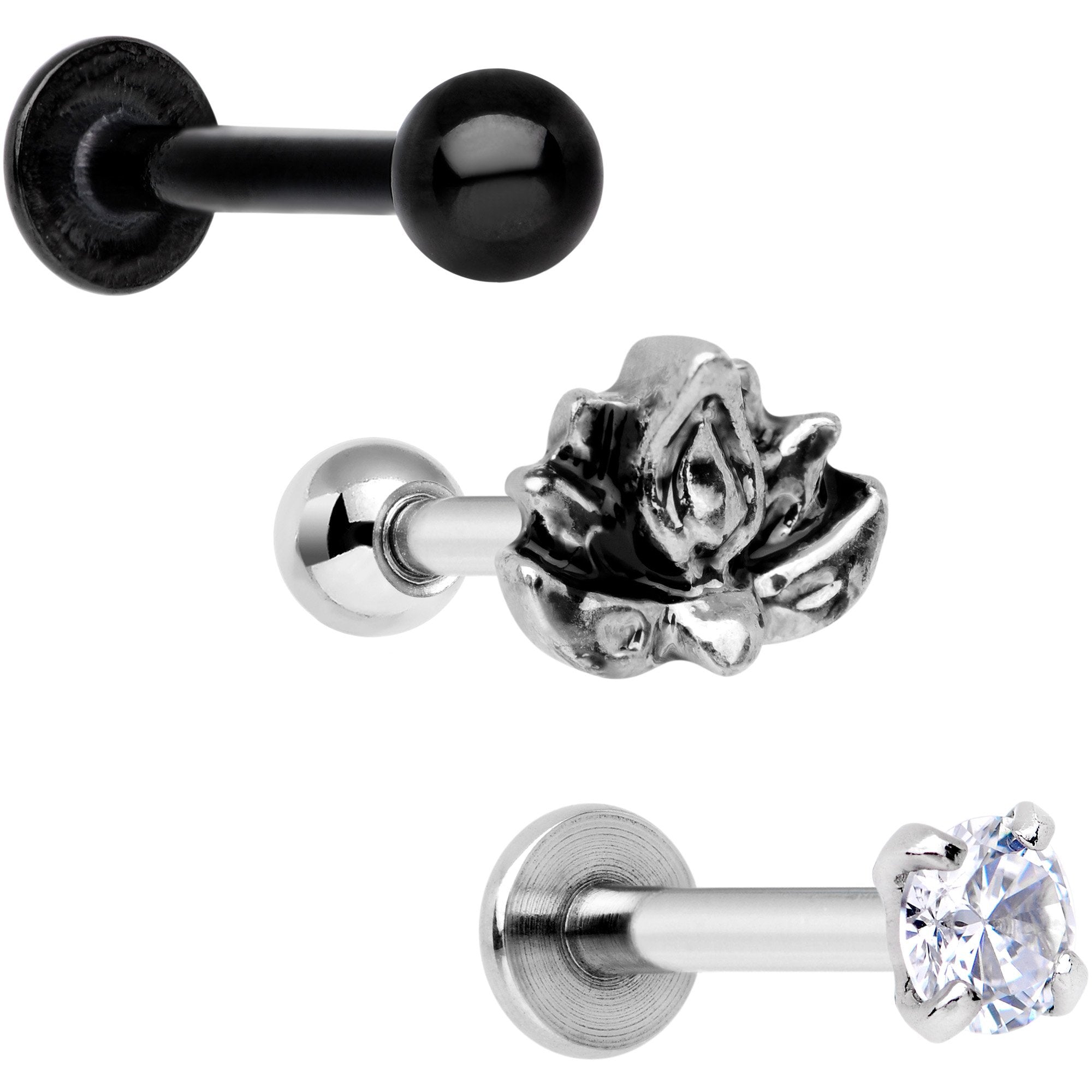 16G 1/4 Clear Gem Lotus Flower Black Cartilage Tragus Earring Set of 3