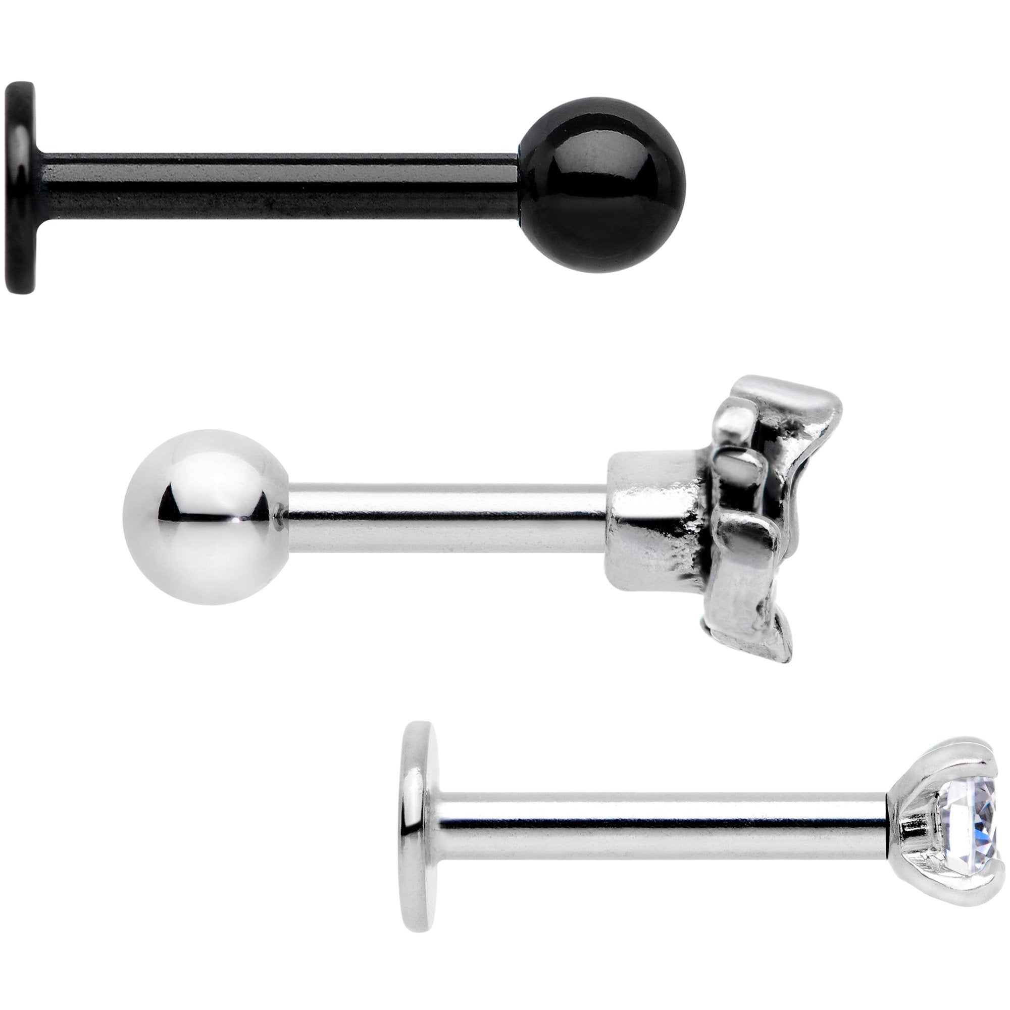 16G 1/4 Clear Gem Lotus Flower Black Cartilage Tragus Earring Set of 3