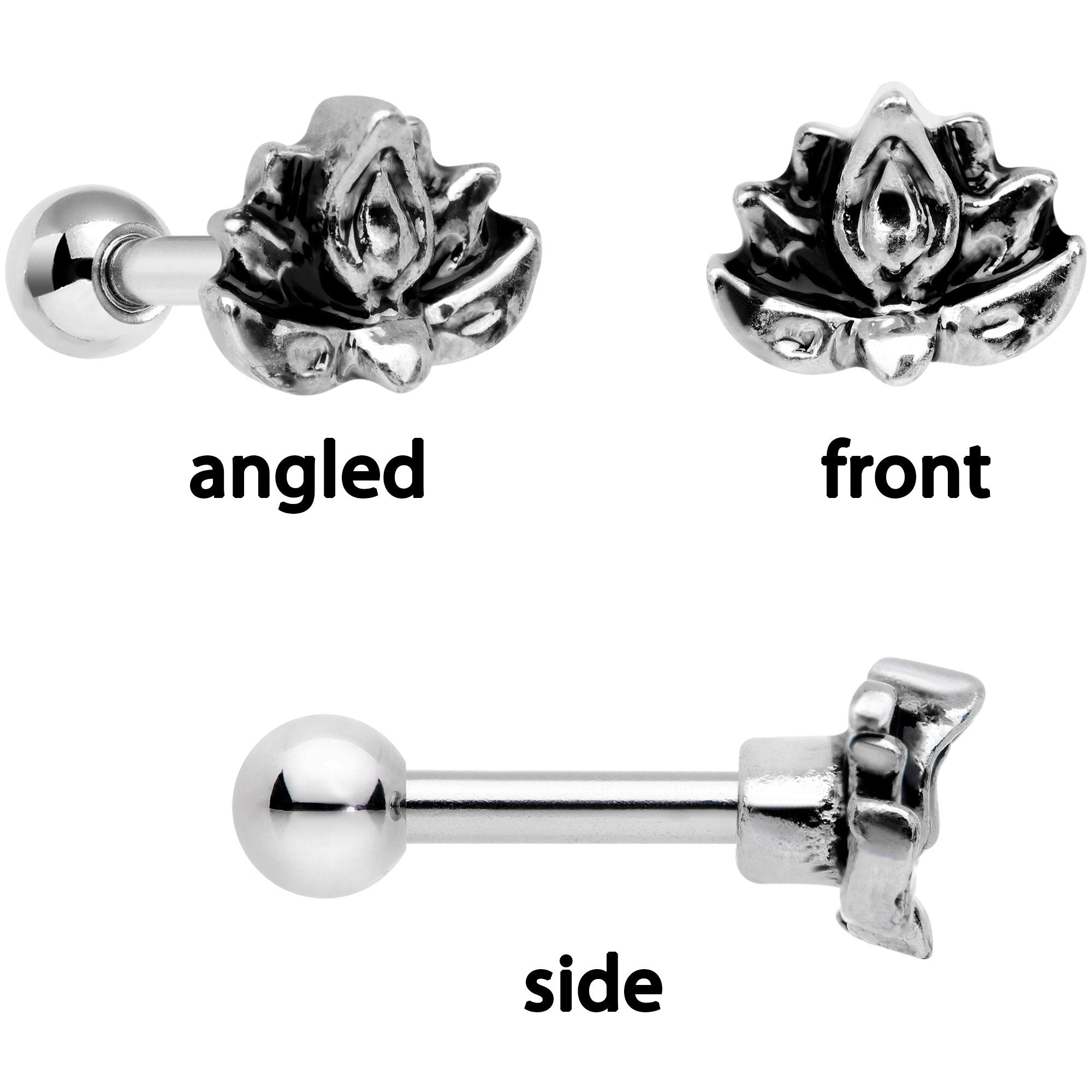 16G 1/4 Clear Gem Lotus Flower Black Cartilage Tragus Earring Set of 3