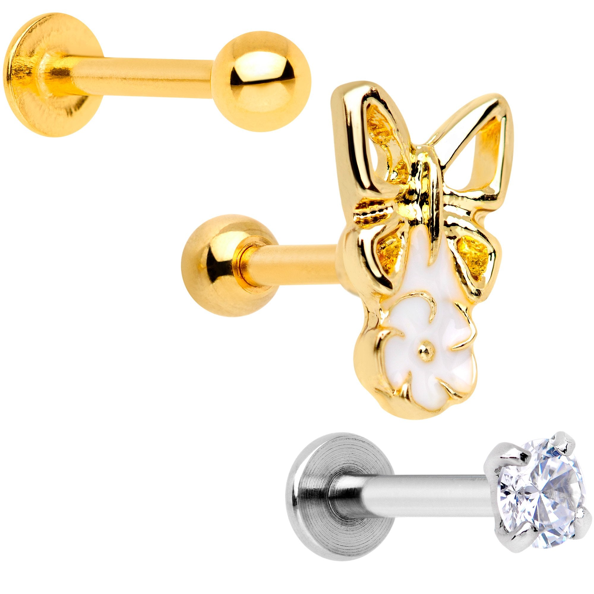 16G 1/4 Clear Gem Gold Tone Butterfly Cartilage Tragus Set of 3