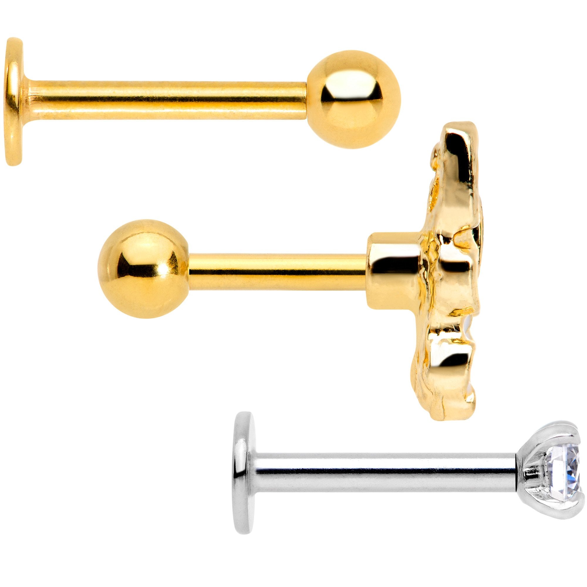 16G 1/4 Clear Gem Gold Tone Butterfly Cartilage Tragus Set of 3