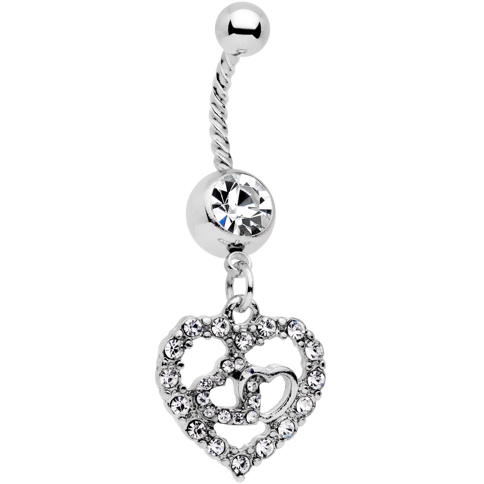 Clear Gem Dazzling Heart Valentine Twisted Dangle Belly Ring
