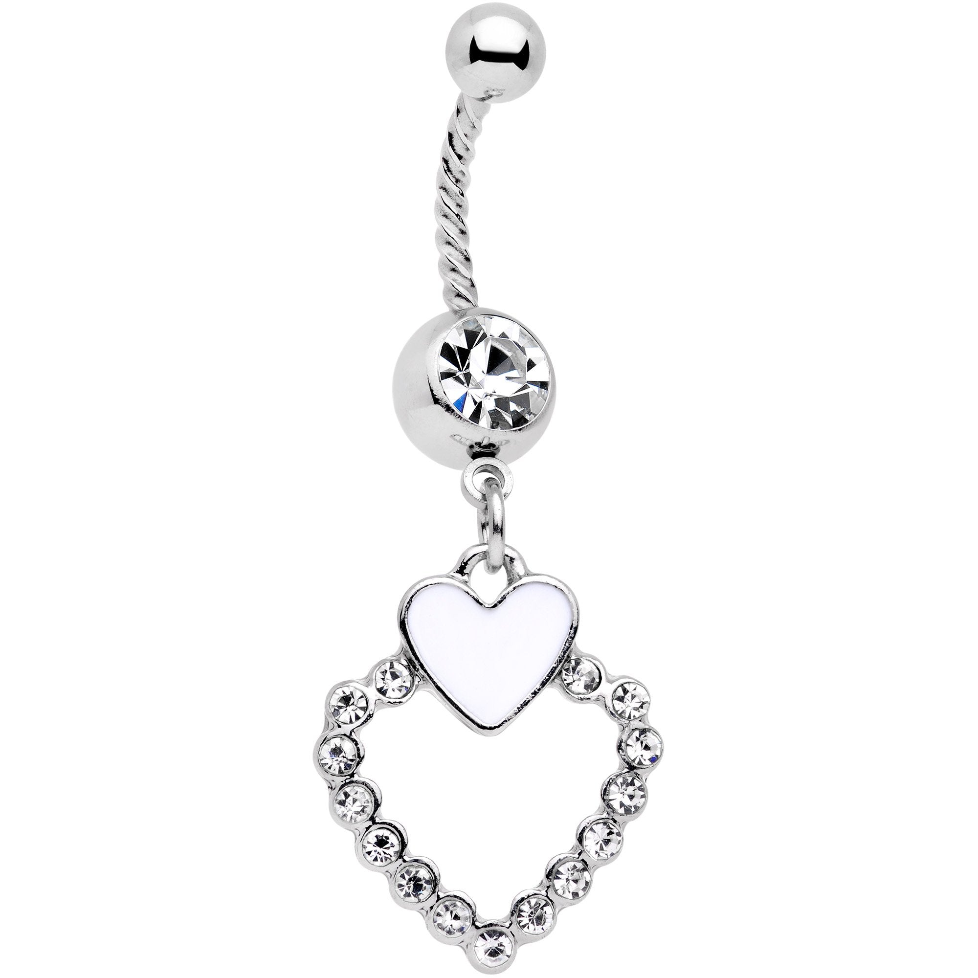 Clear Gem White Heart Romance Twisted Dangle Belly Ring