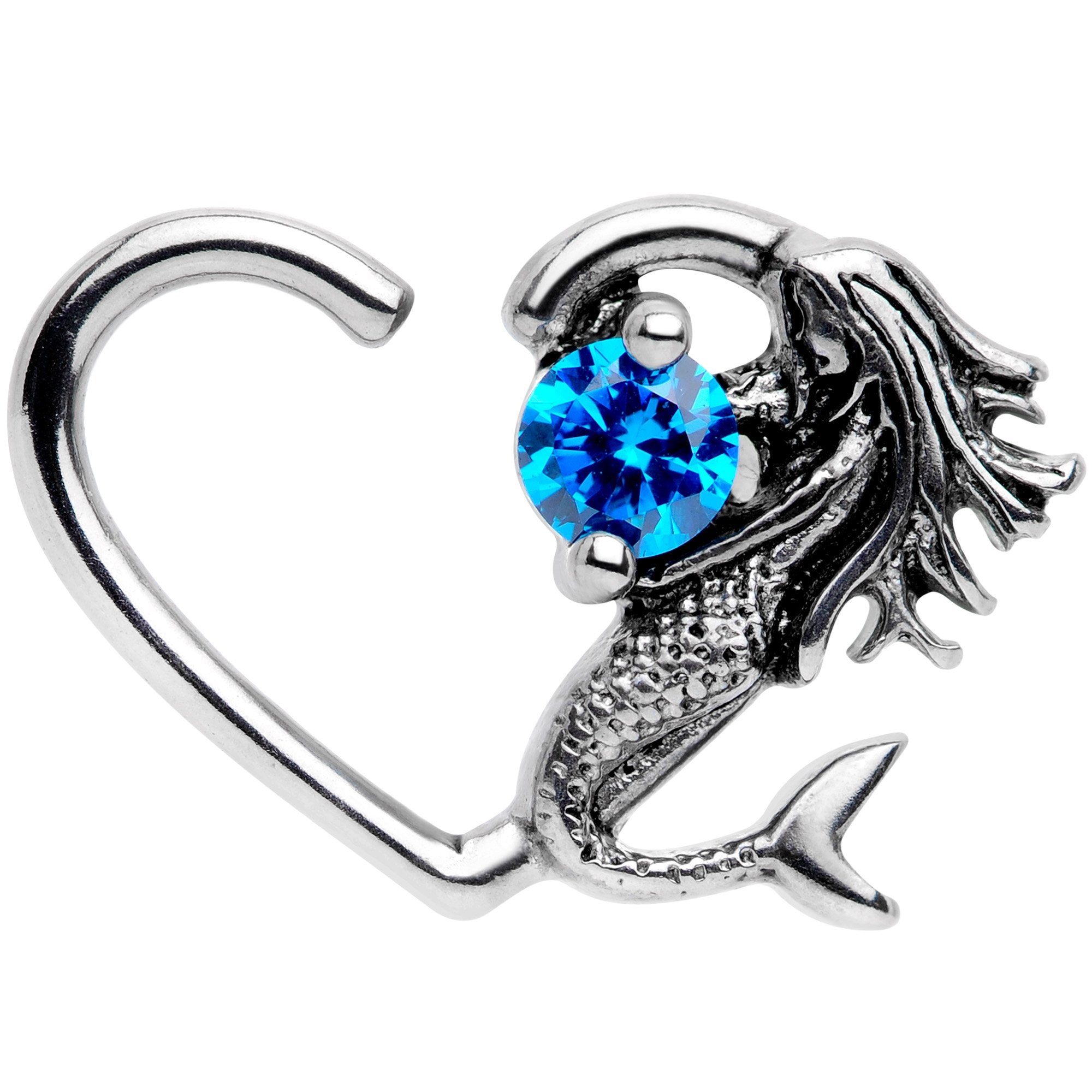 16G 3/8 Blue CZ Gem Mermaid Treasure Left Heart Closure Ring