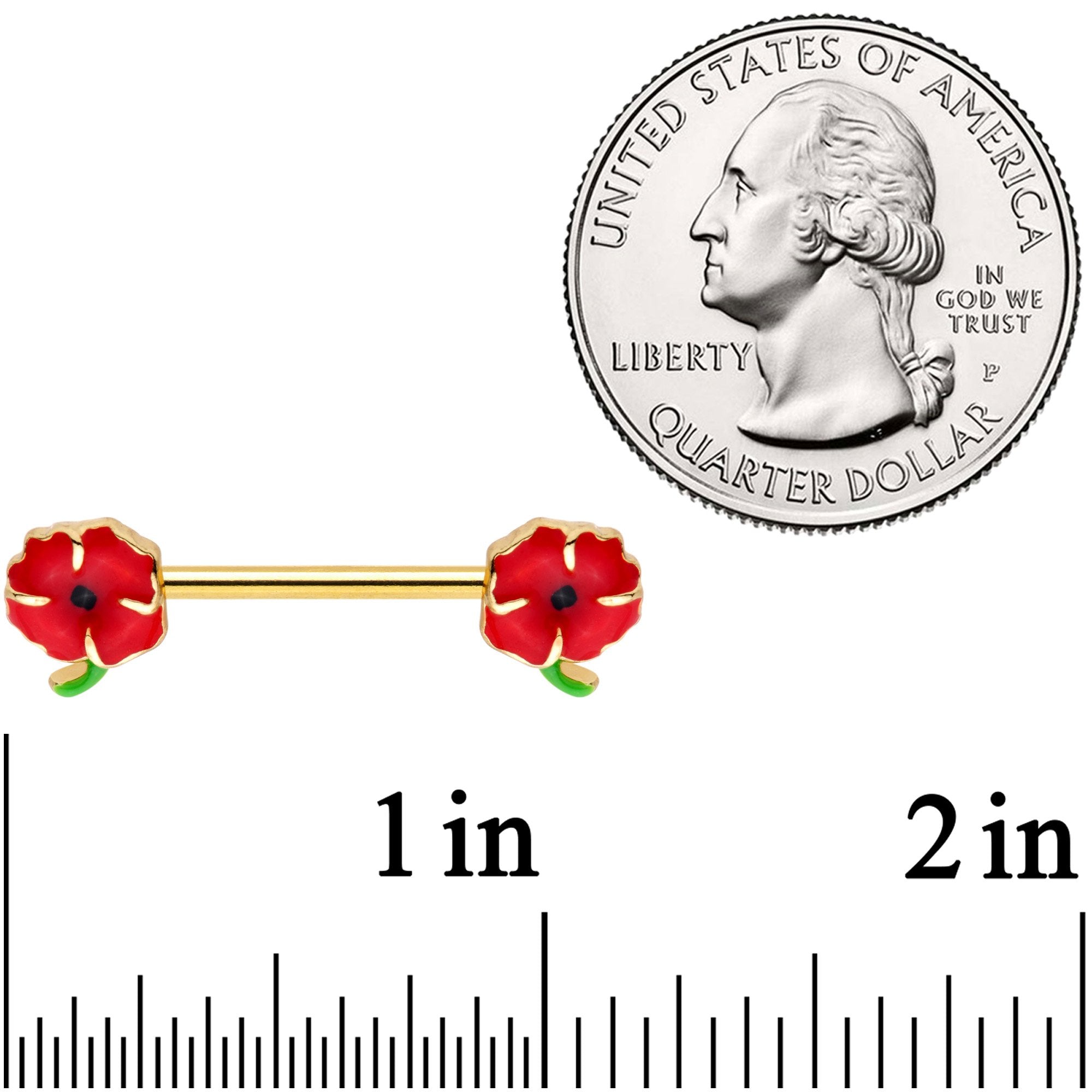 14G 9/16 Gold Tone Field of Poppies Barbell Nipple Ring Set