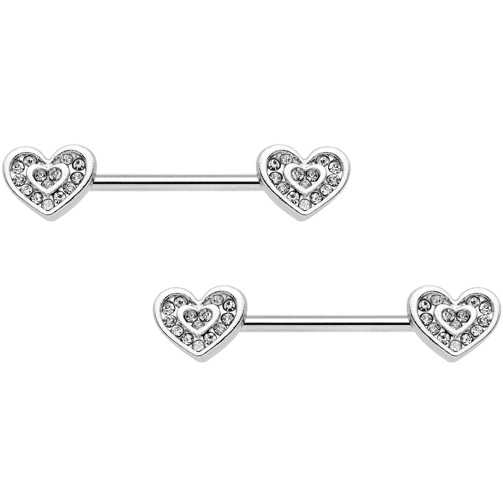 14G 5/8 Clear Gem Wrapped Hearts Barbell Nipple Ring Set