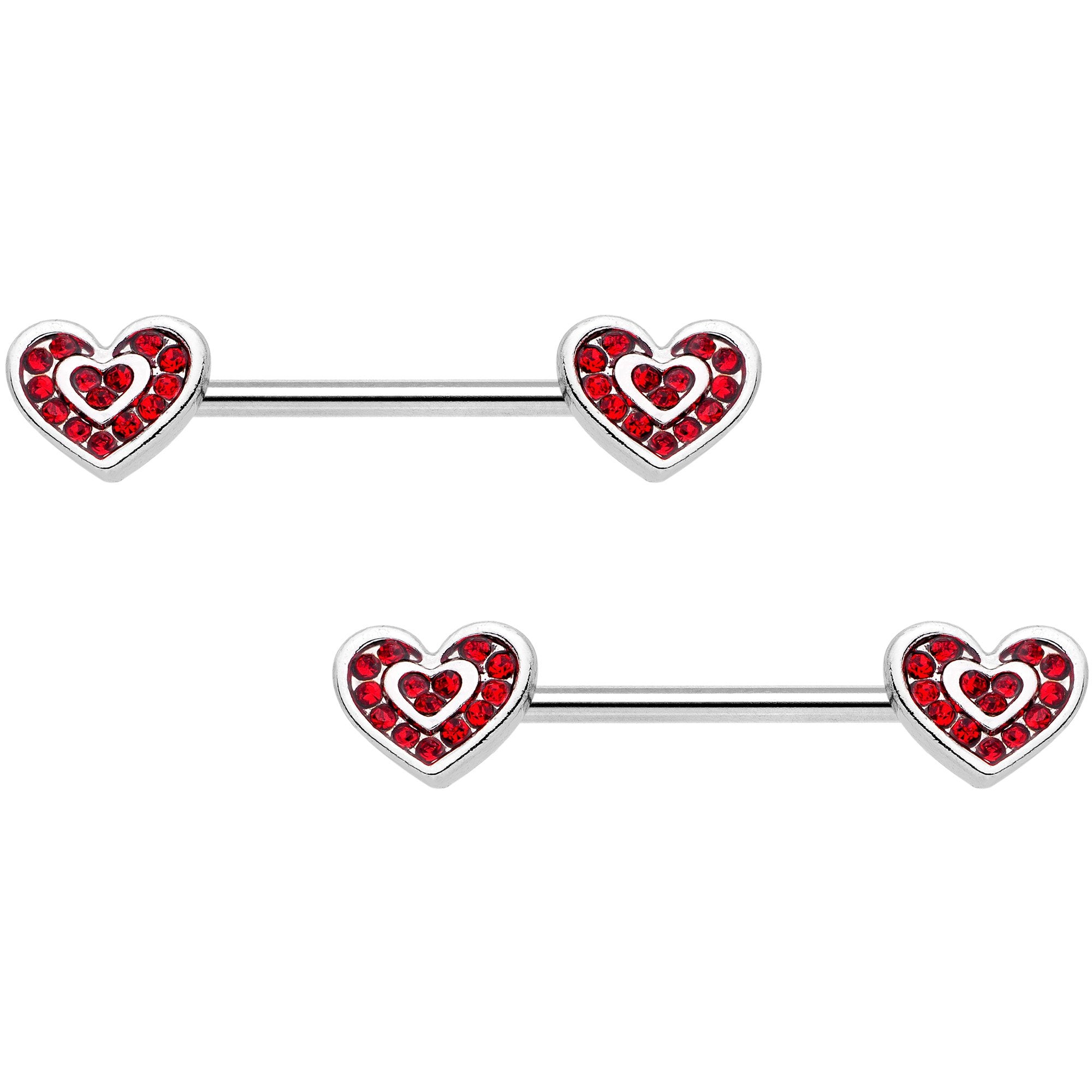 14G 5/8 Red Gem Wrapped Hearts Barbell Nipple Ring Set