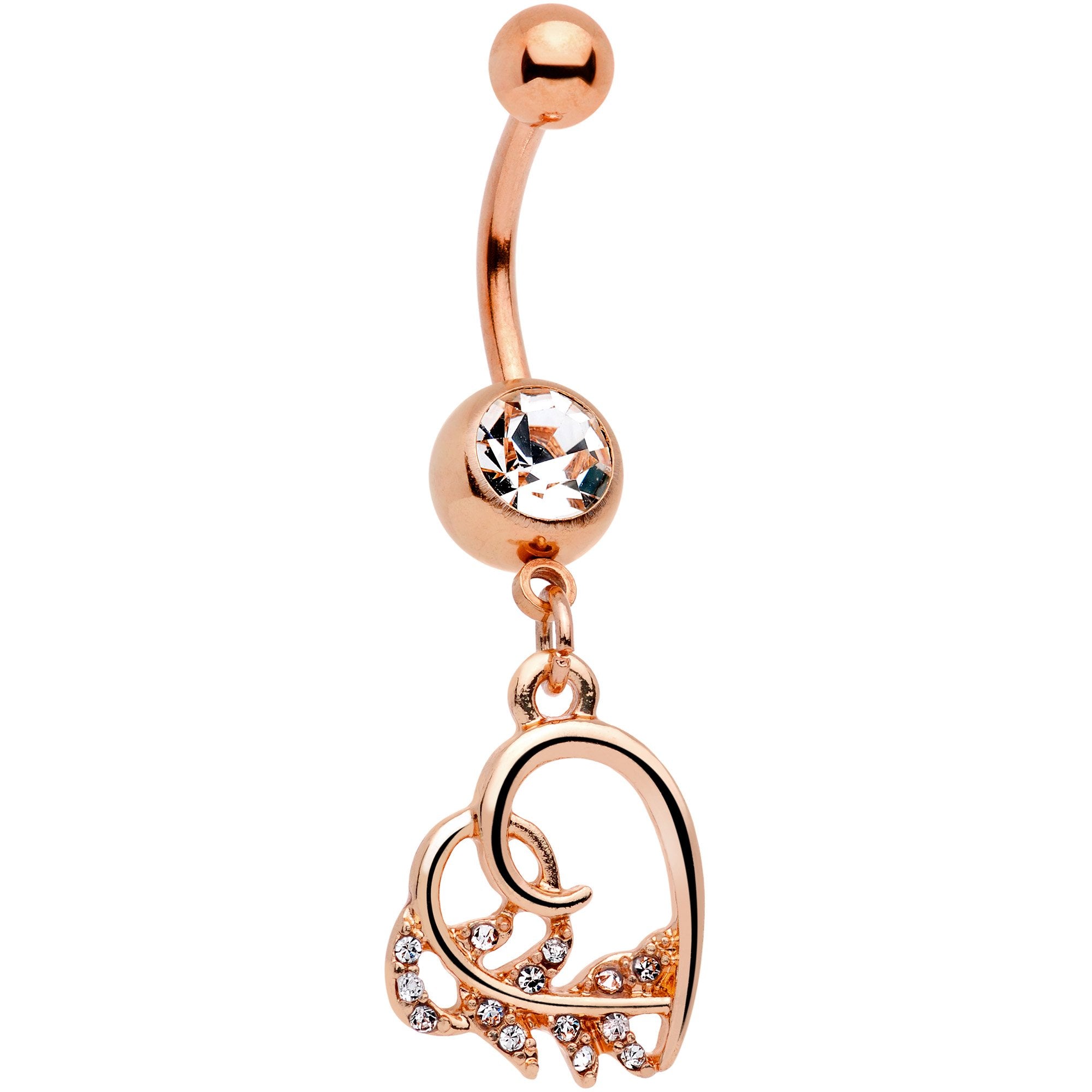 Clear Gem Rose Gold Tone Elegant Lovers Heart Dangle Belly Ring