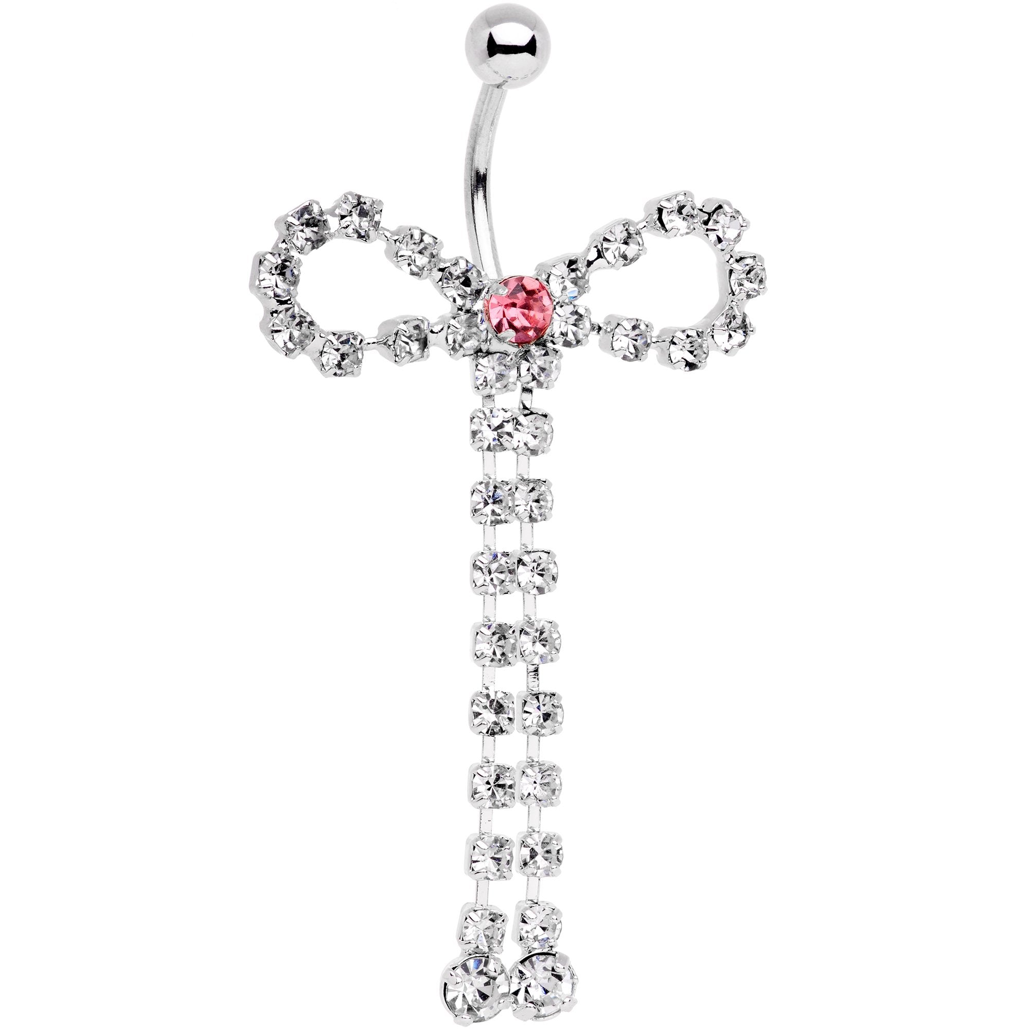 Pink Clear Gem Dainty Graceful Bow With Dangle Belly Ring