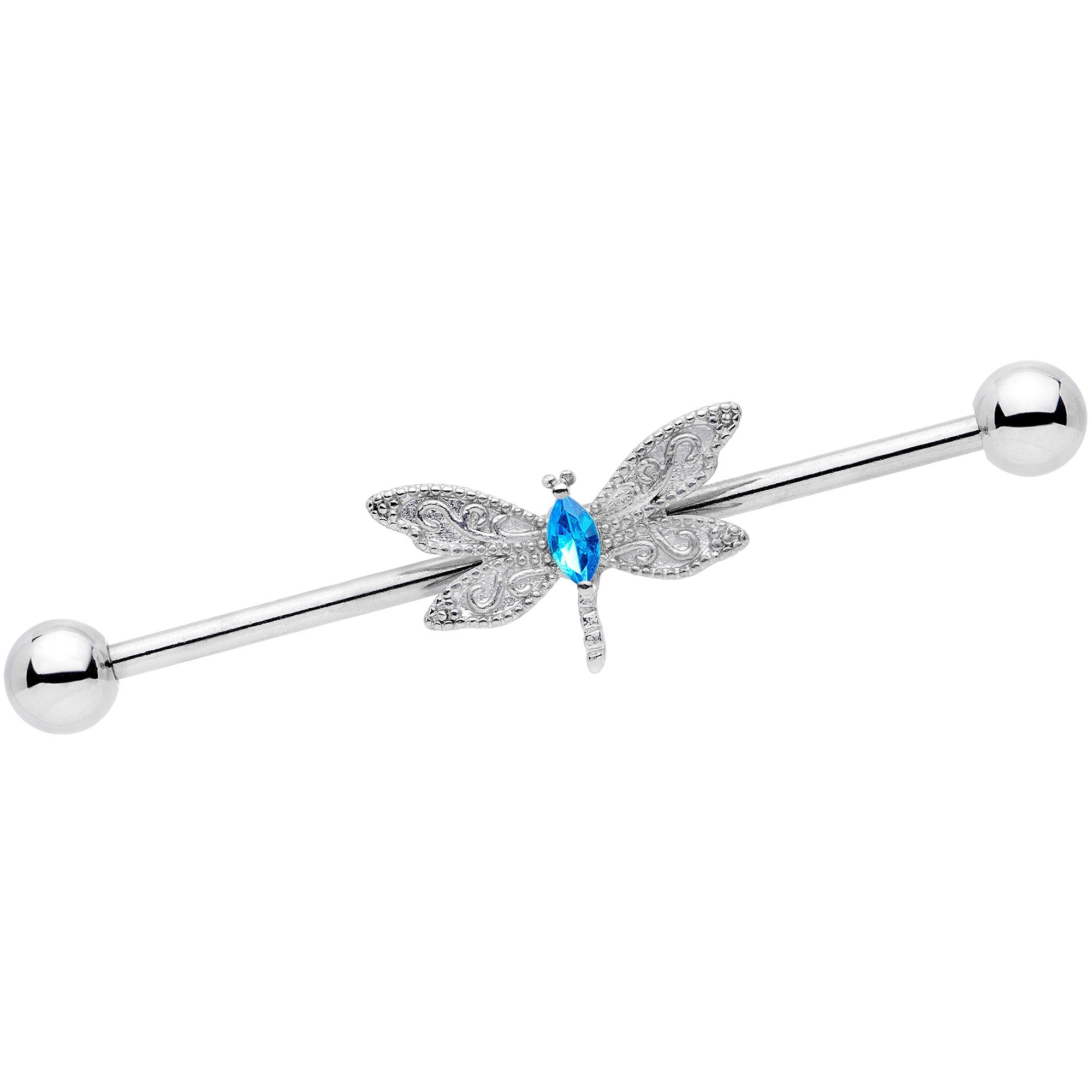 14G Blue Gem Dazzling Lacework Dragonfly Industrial Barbell 38mm