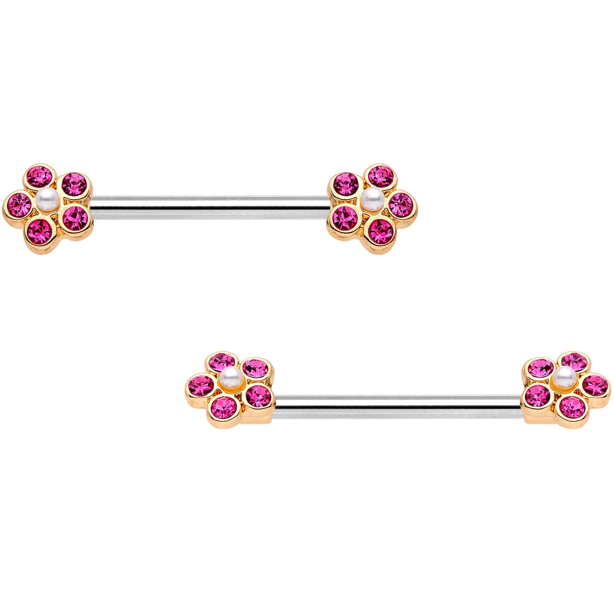 14G 9/16 Pink Gem Precious Flower Barbell Nipple Ring Set