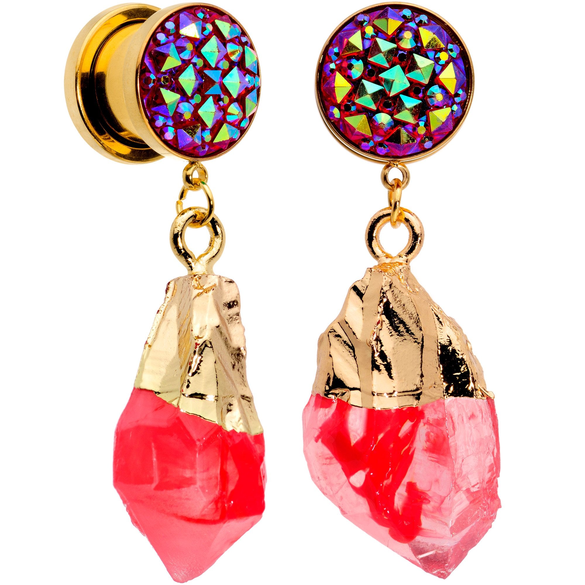 Pink Faux Druzy Quartz Gold Tone Dangle Screw Fit Plug Set 8mm to 16mm