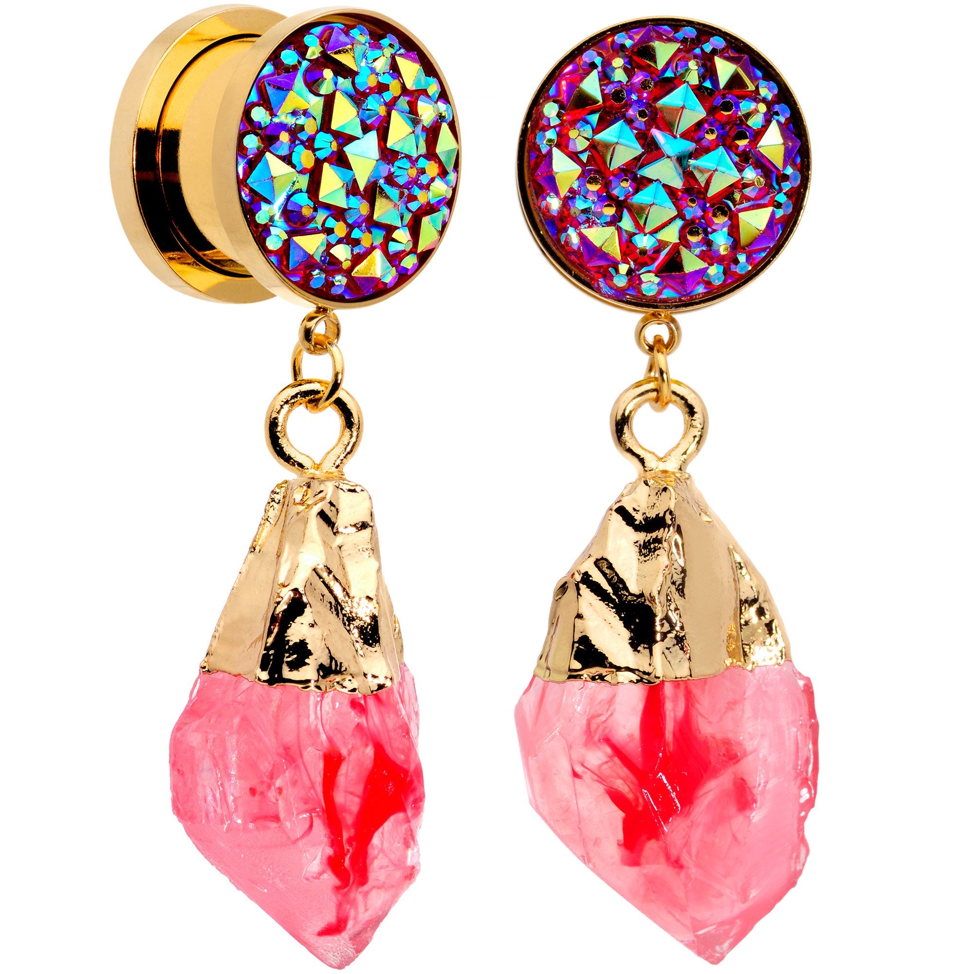 Pink Faux Druzy Quartz Gold Tone Dangle Screw Fit Plug Set 8mm to 16mm
