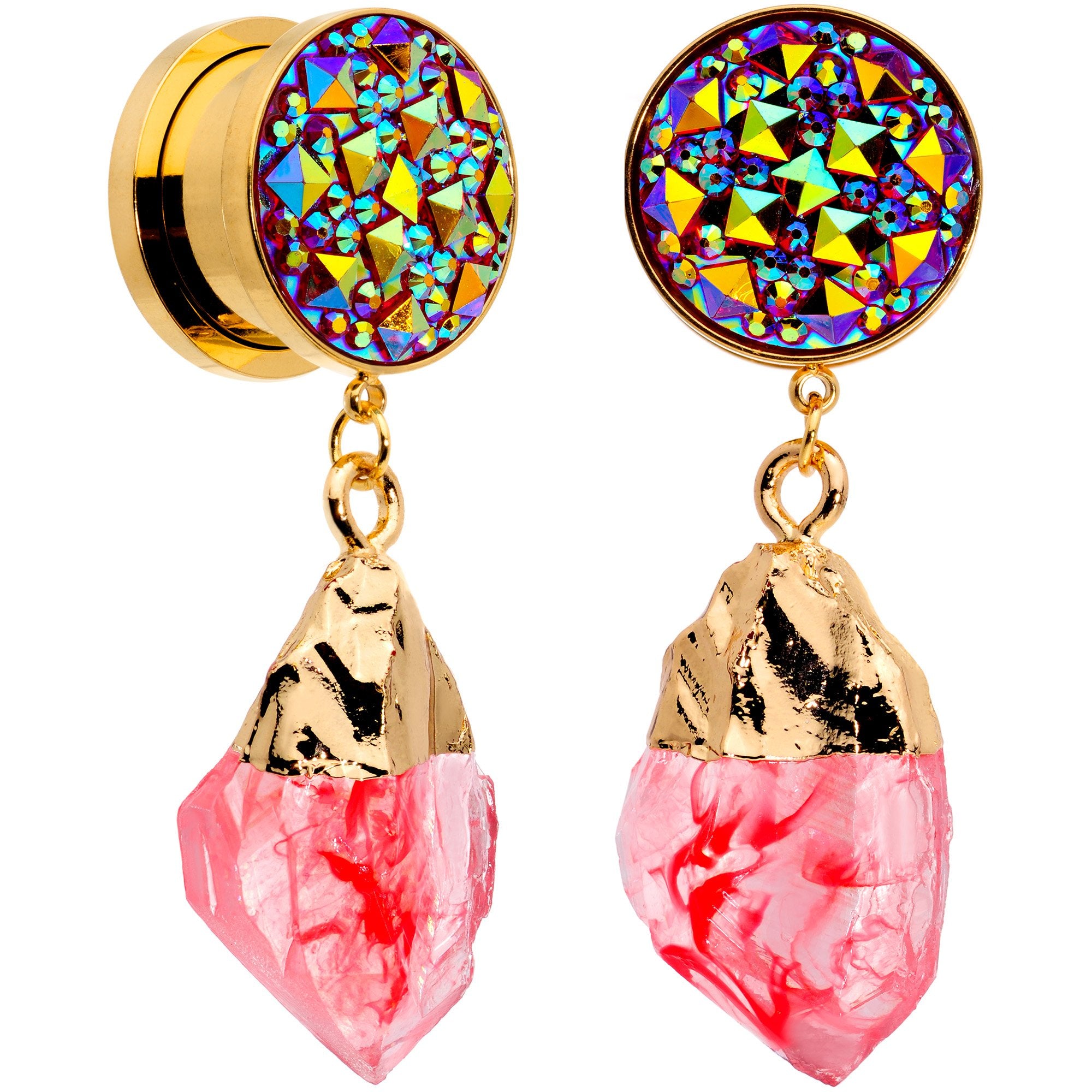 Pink Faux Druzy Quartz Gold Tone Dangle Screw Fit Plug Set 8mm to 16mm