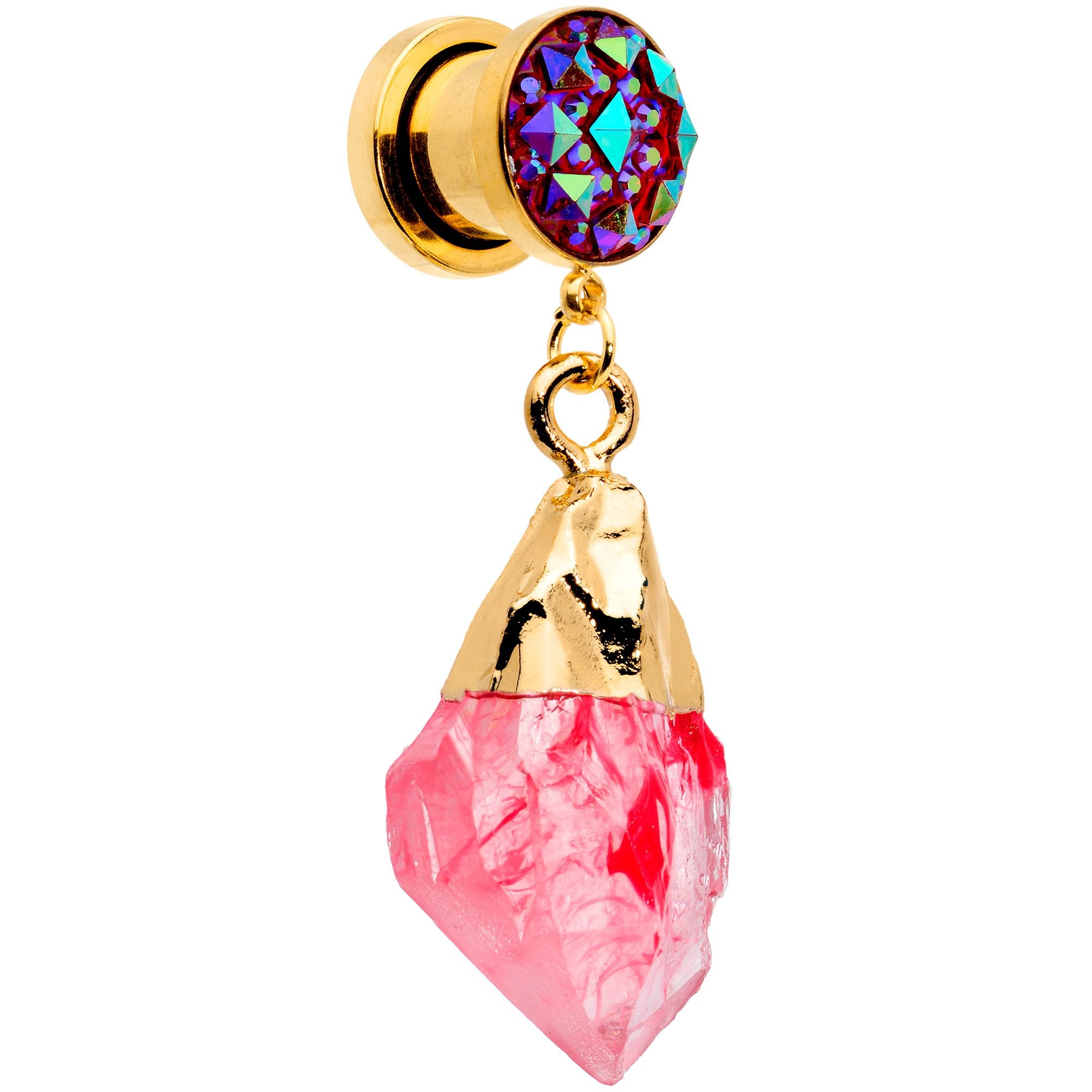 Pink Faux Druzy Quartz Gold Tone Dangle Screw Fit Plug Set 8mm to 16mm