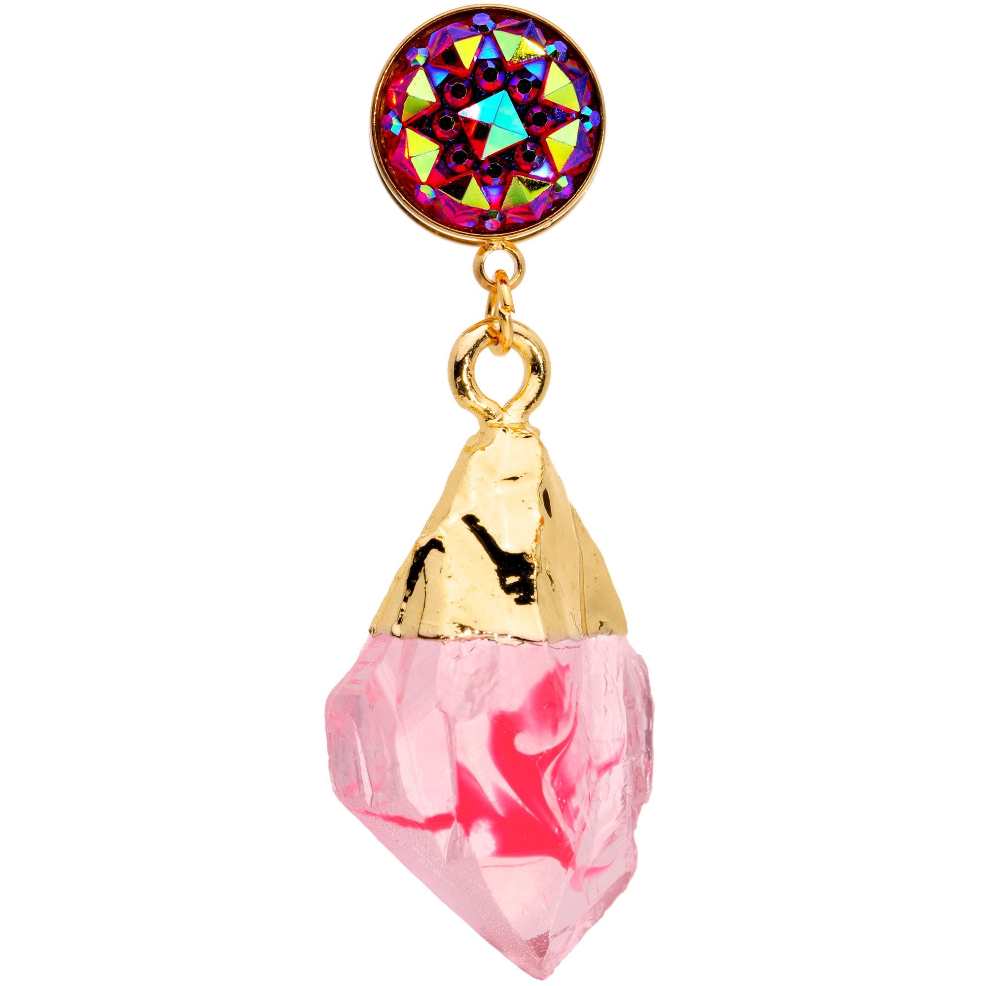 Pink Faux Druzy Quartz Gold Tone Dangle Screw Fit Plug Set 8mm to 16mm