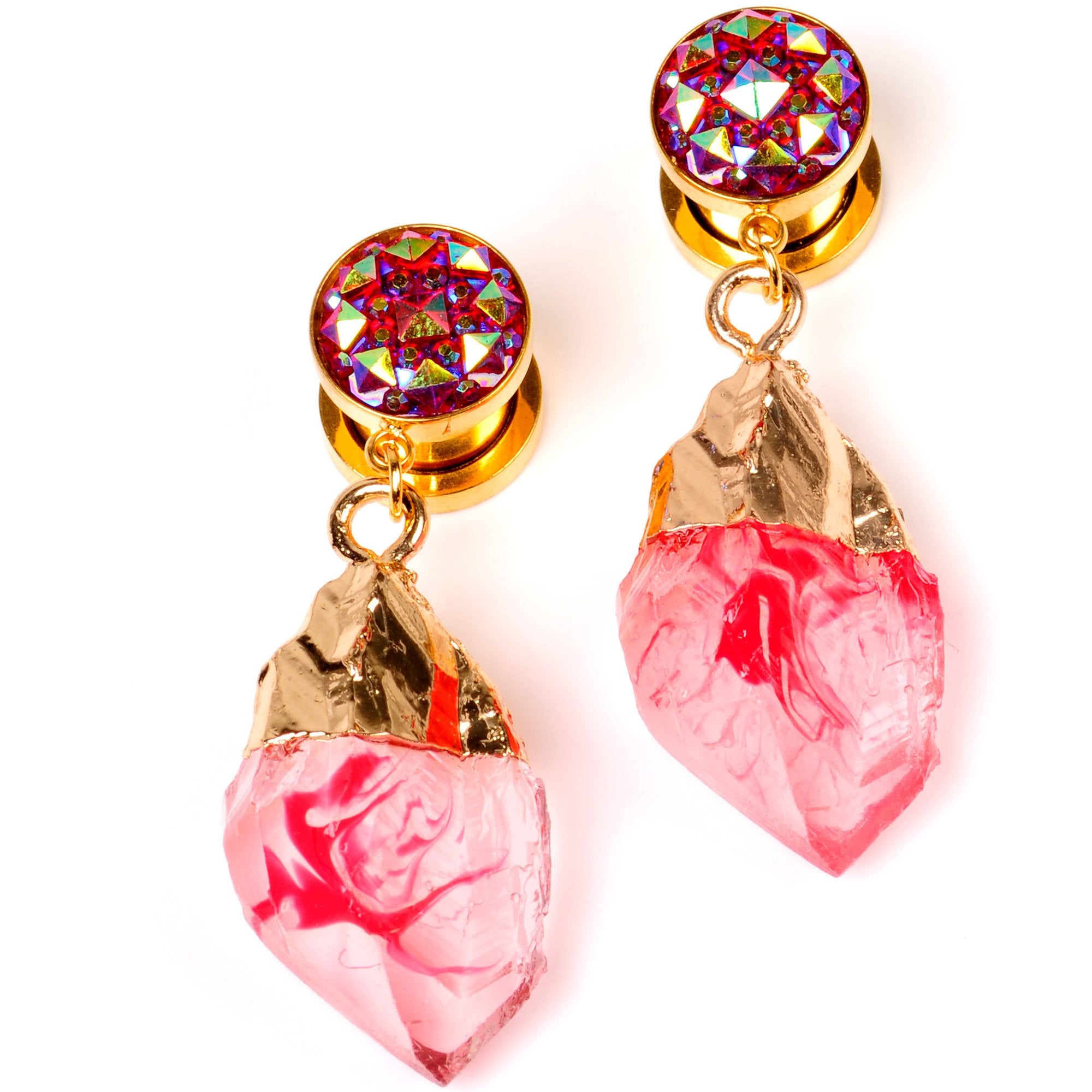 Pink Faux Druzy Quartz Gold Tone Dangle Screw Fit Plug Set 8mm to 16mm