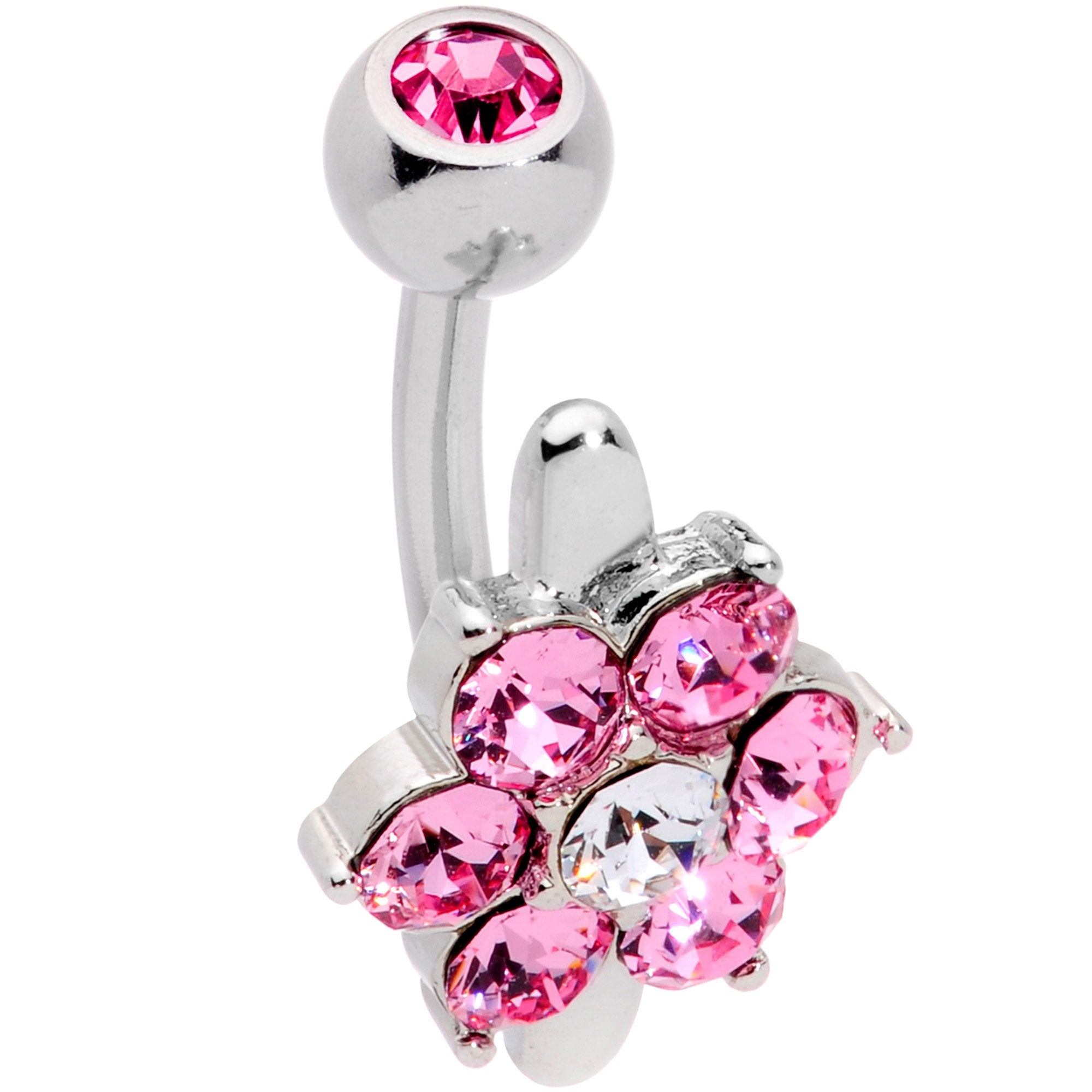 Pink Clear CZ Gem Pretty Posy Flower Top Mount Belly Ring
