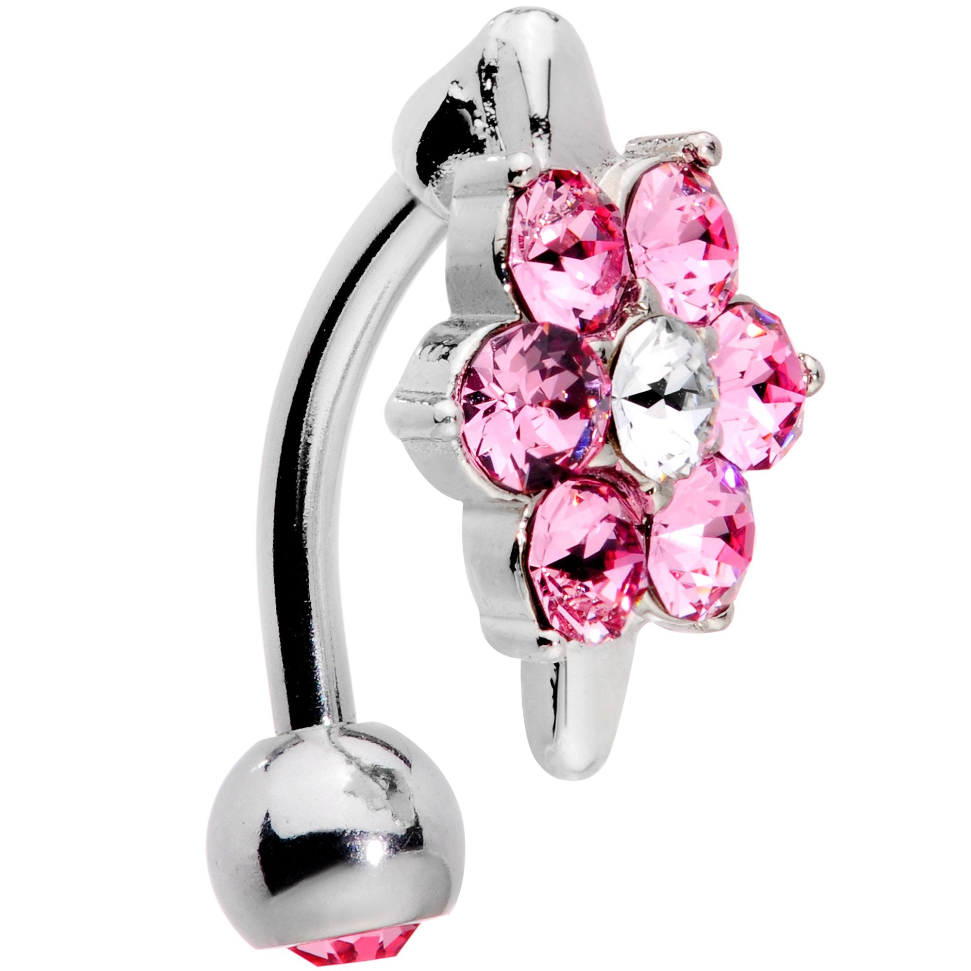 Pink Clear CZ Gem Pretty Posy Flower Top Mount Belly Ring
