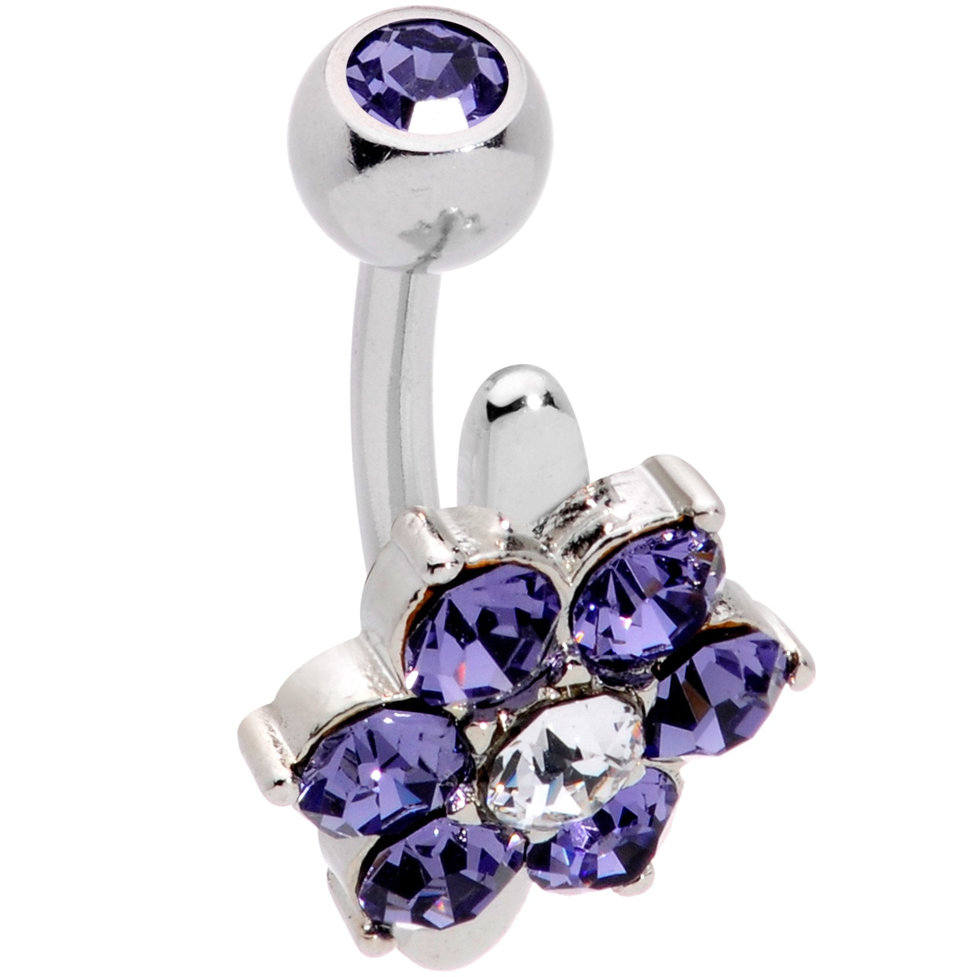 Purple Clear CZ Gem Pretty Posy Flower Top Mount Belly Ring