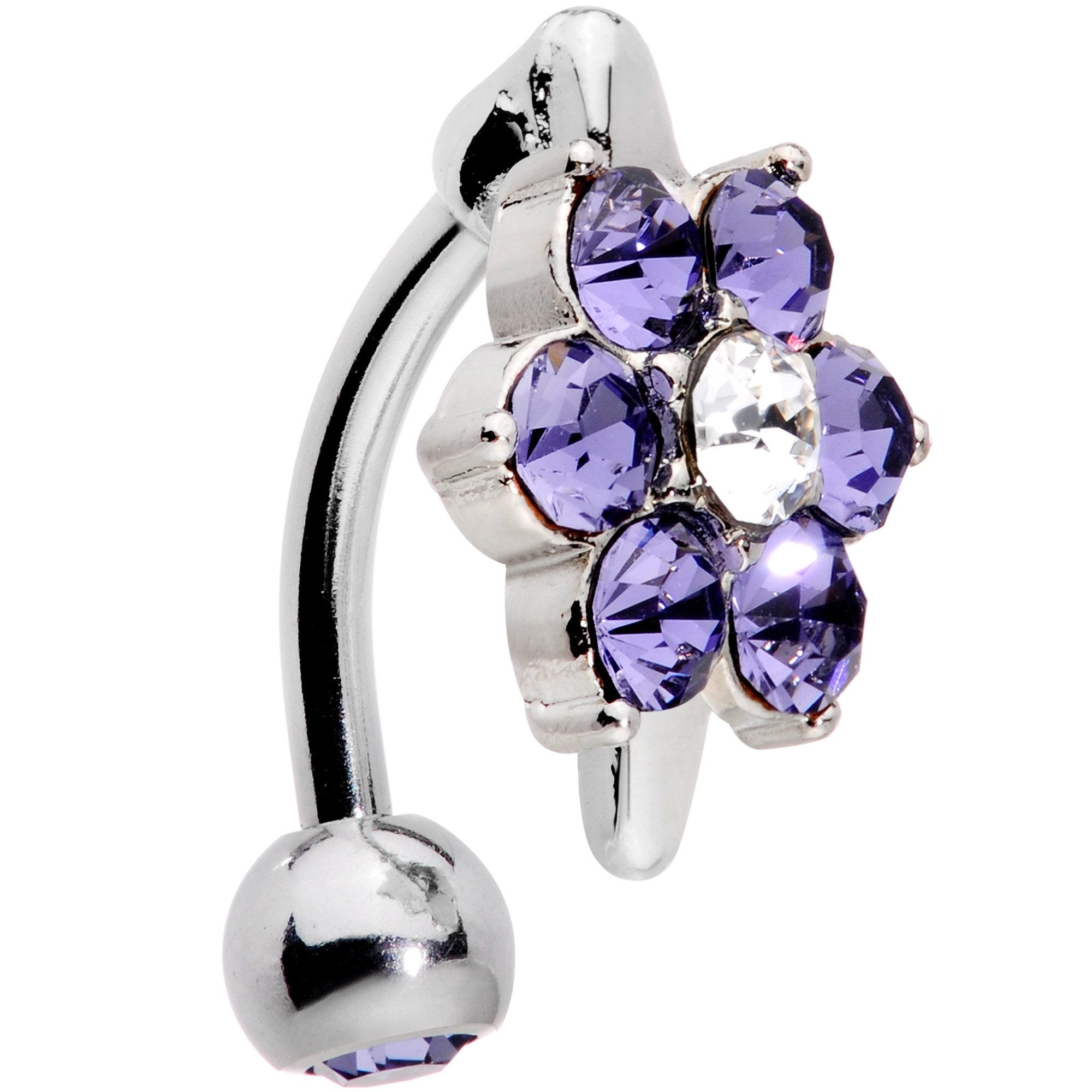 Purple Clear CZ Gem Pretty Posy Flower Top Mount Belly Ring