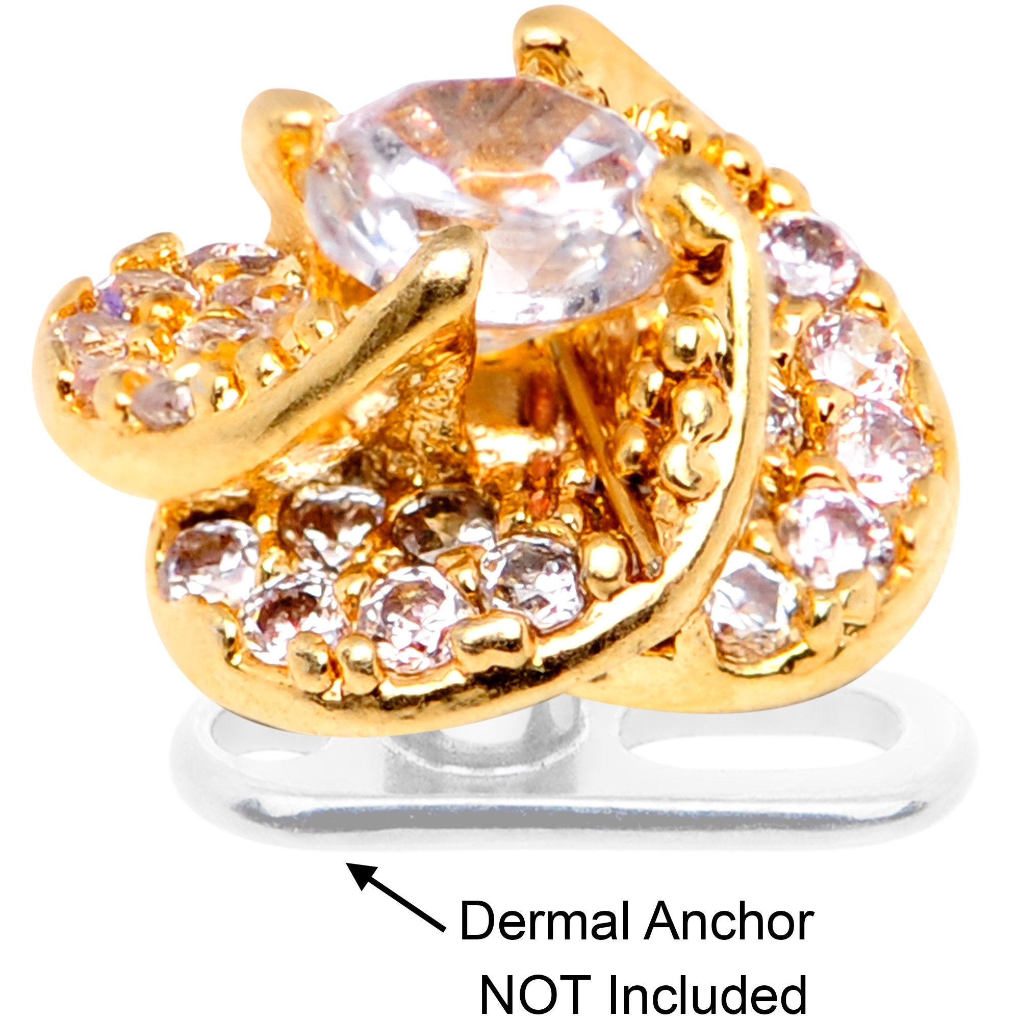 14G Clear CZ Gem Roses Romance Gold Tone Dermal Anchor Top