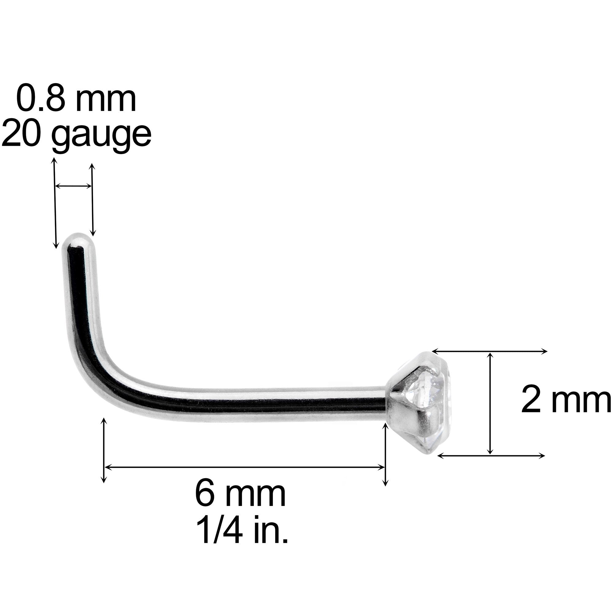 20G 1/4 Clear 2mm CZ Gem Grade 23 Titanium L Shaped Nose Ring