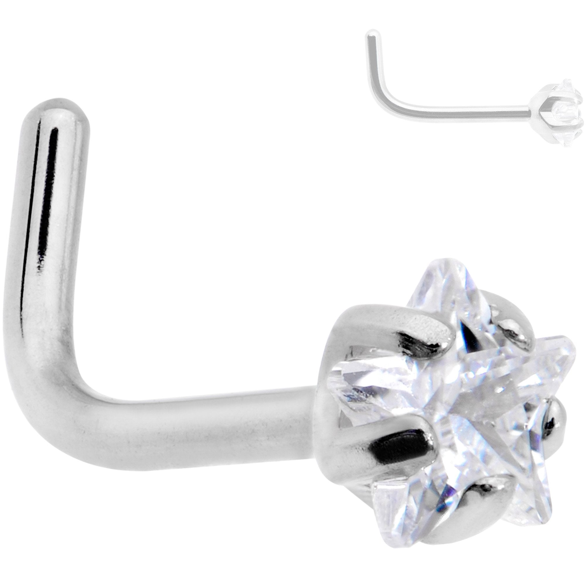 20G Clear 3mm CZ Star Gem Grade 23 Titanium L Shaped Nose Ring