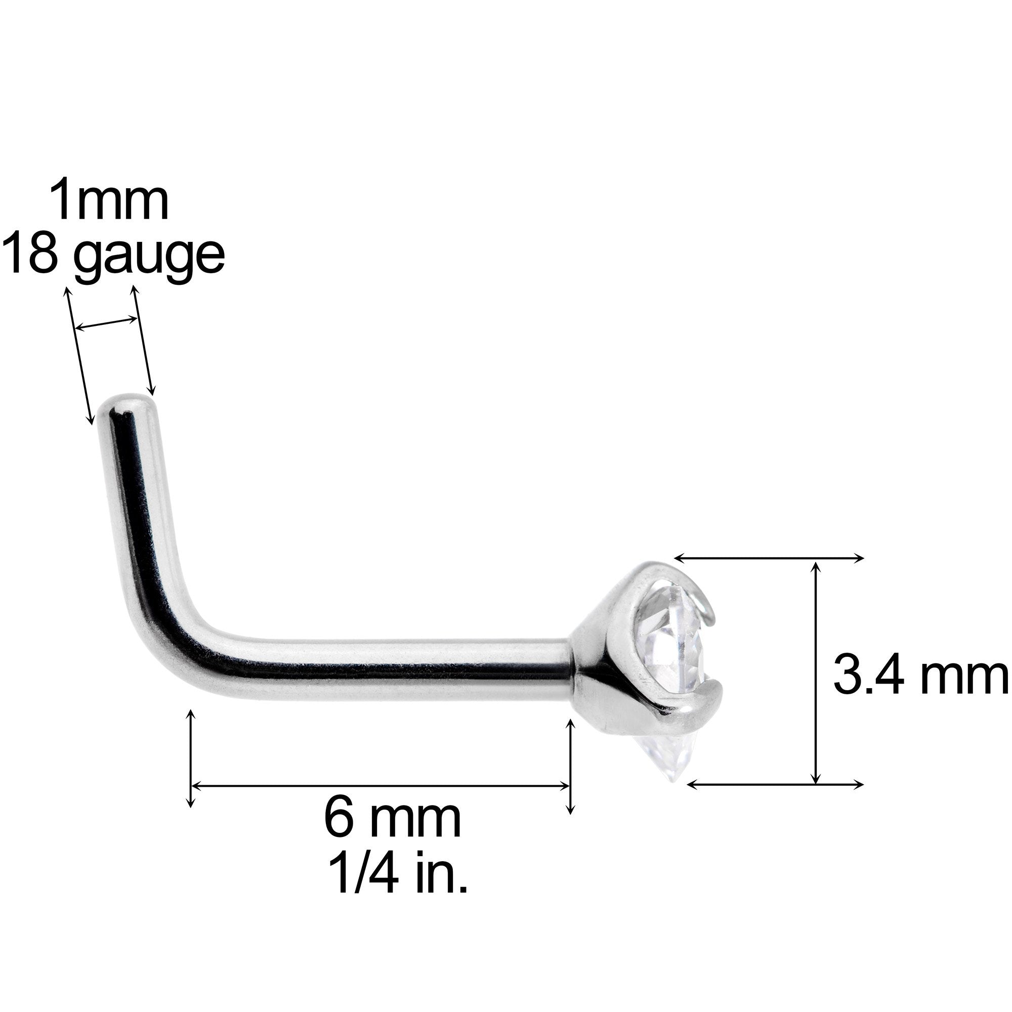 18G Clear 3mm CZ Heart Gem Grade 23 Titanium L Shaped Nose Ring