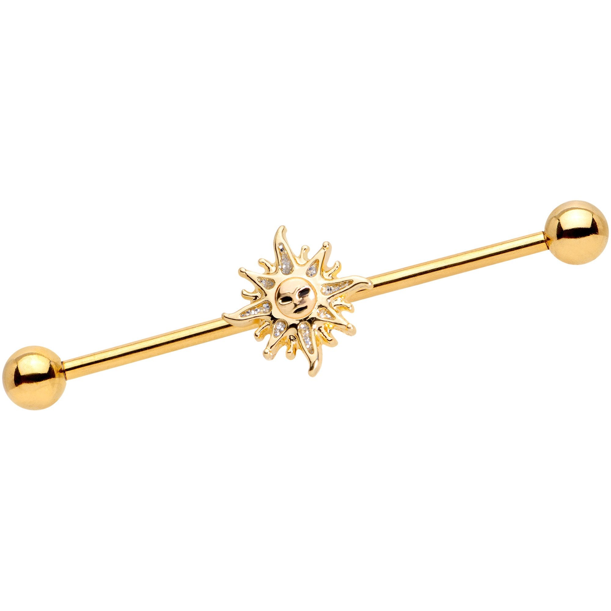 14G Gold Tone Happy Sun Industrial Barbell 38mm