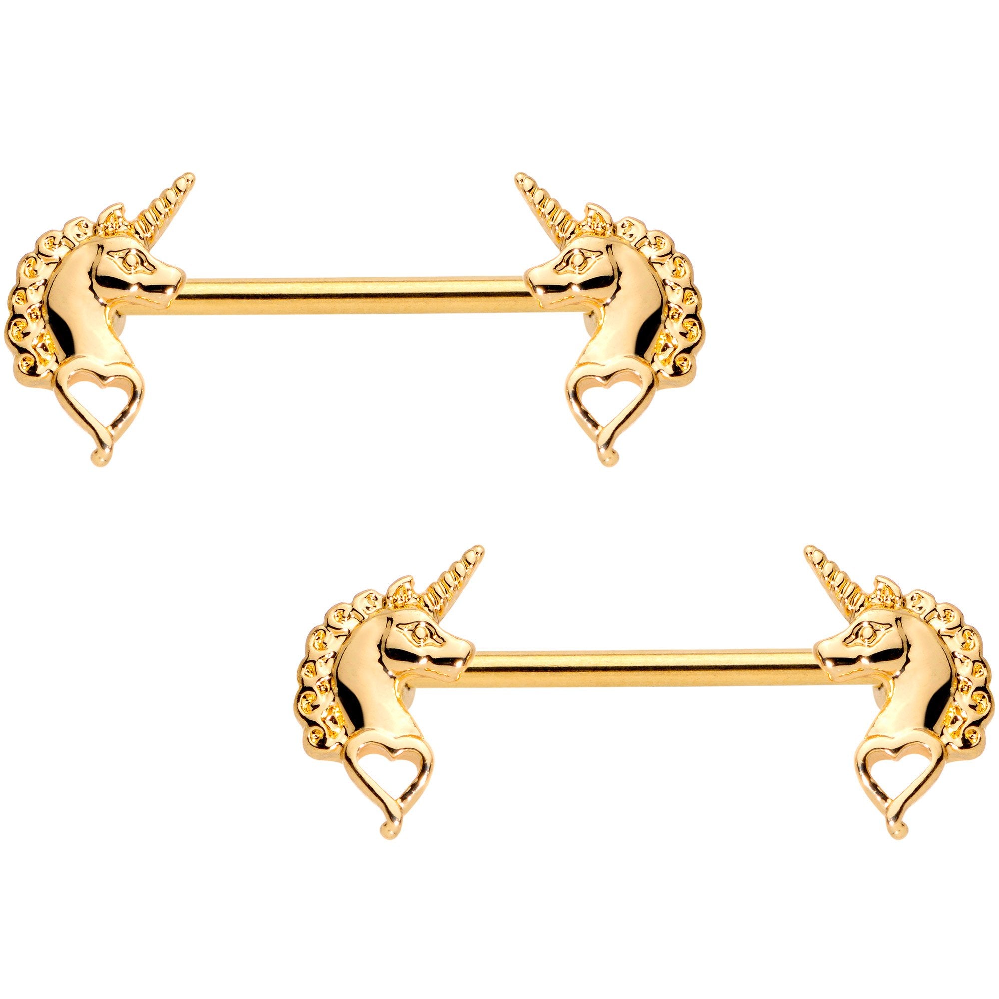 14G 5/8 Gold Tone Anodized Unicorn Barbell Nipple Ring Set