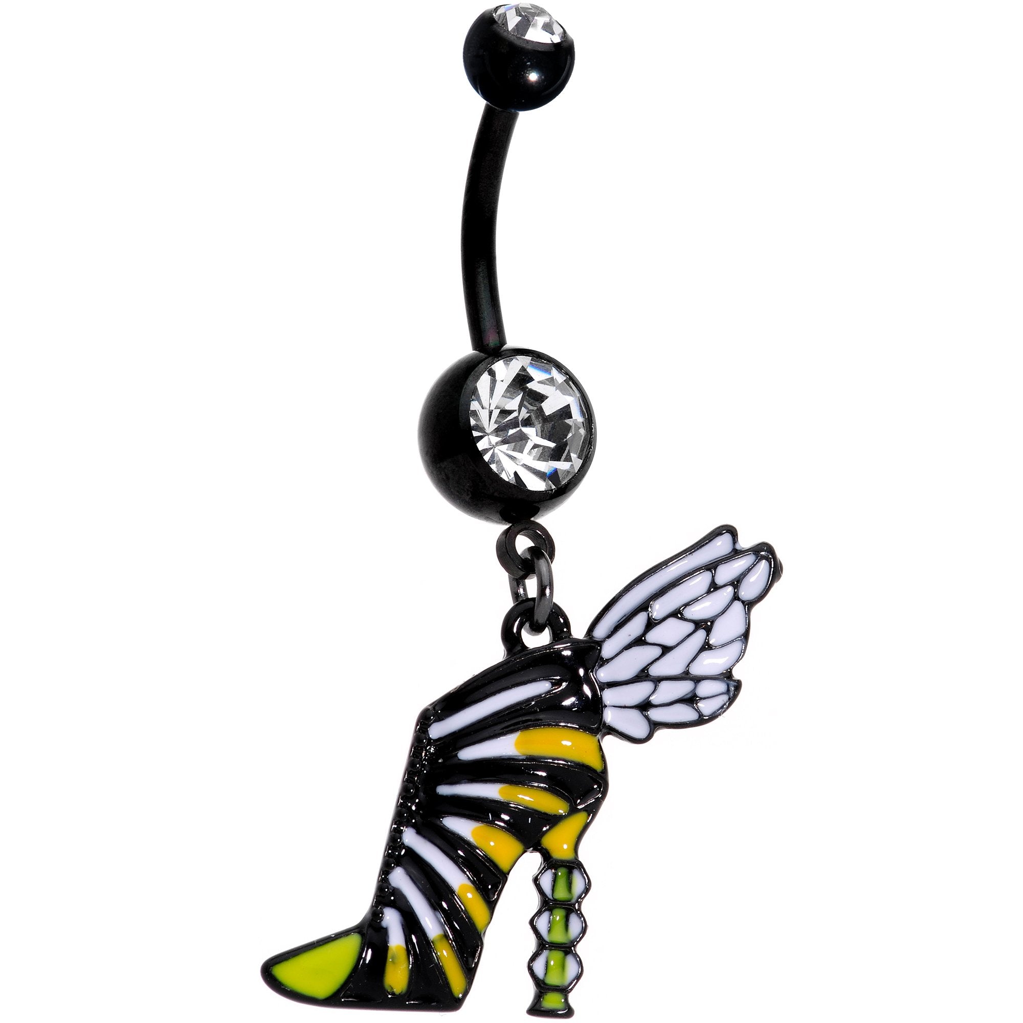 Clear Gem Black Halloween Bumblebee Stiletto Dangle Belly Ring