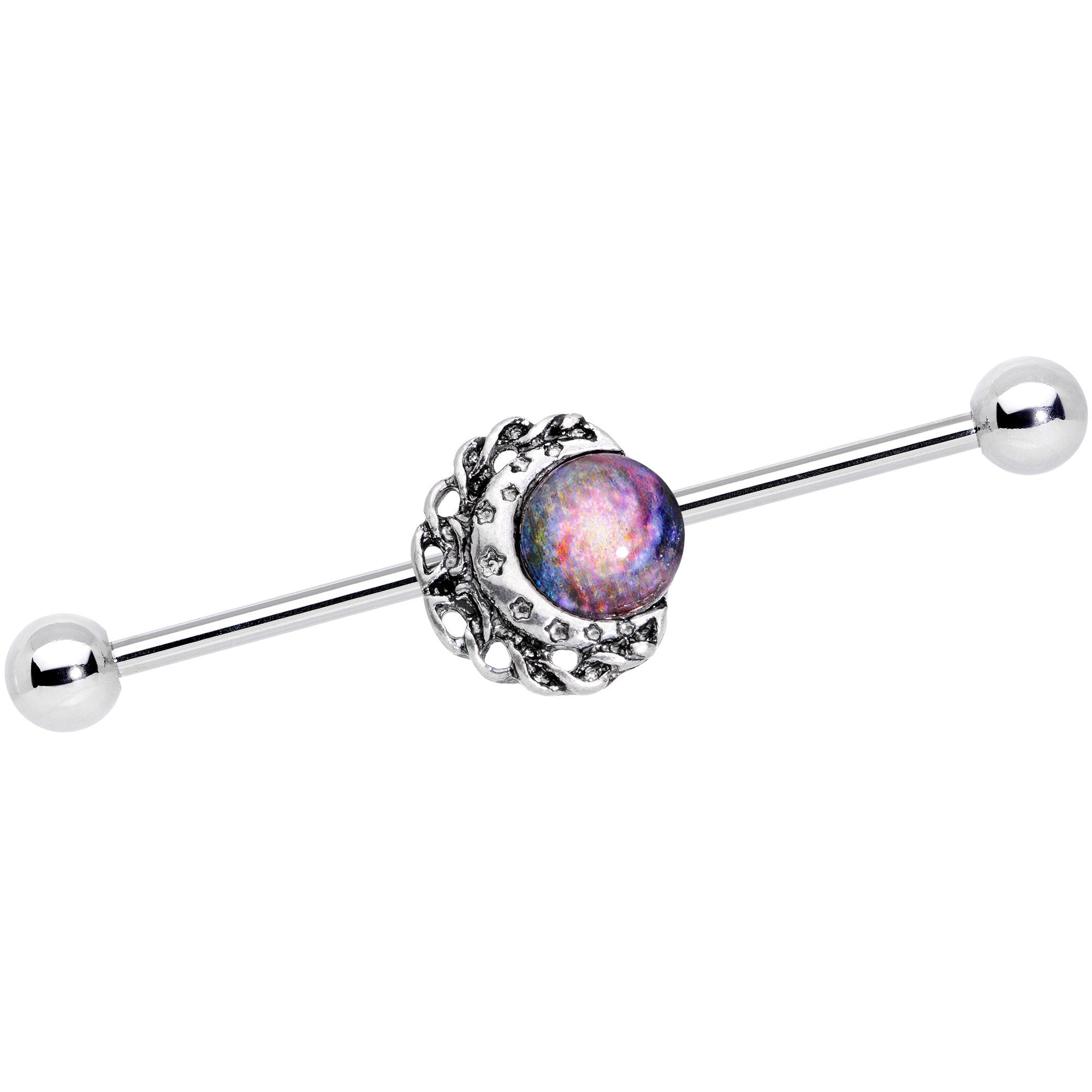14G Swirling Galaxy Inlay Crescent Moon Industrial Barbell 38mm