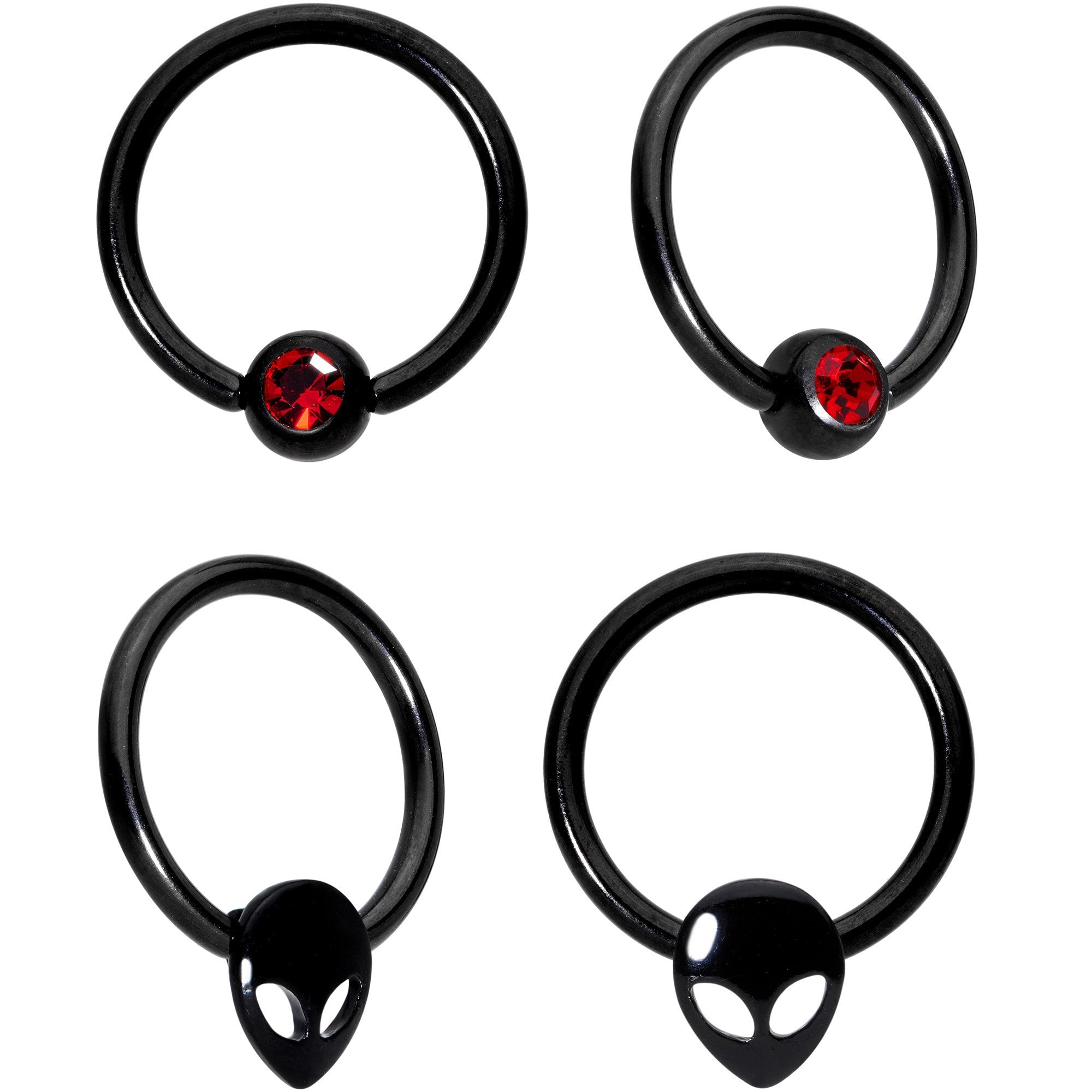 14G 13mm Red Gem Alien Black BCR Captive Nipple Ring Set Of 4