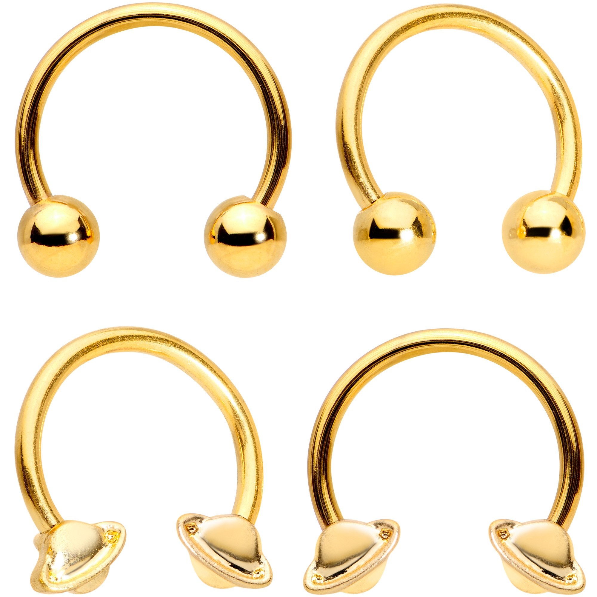 14G 13mm Gold Tone Sexy Saturn Horseshoe Nipple Ring Set