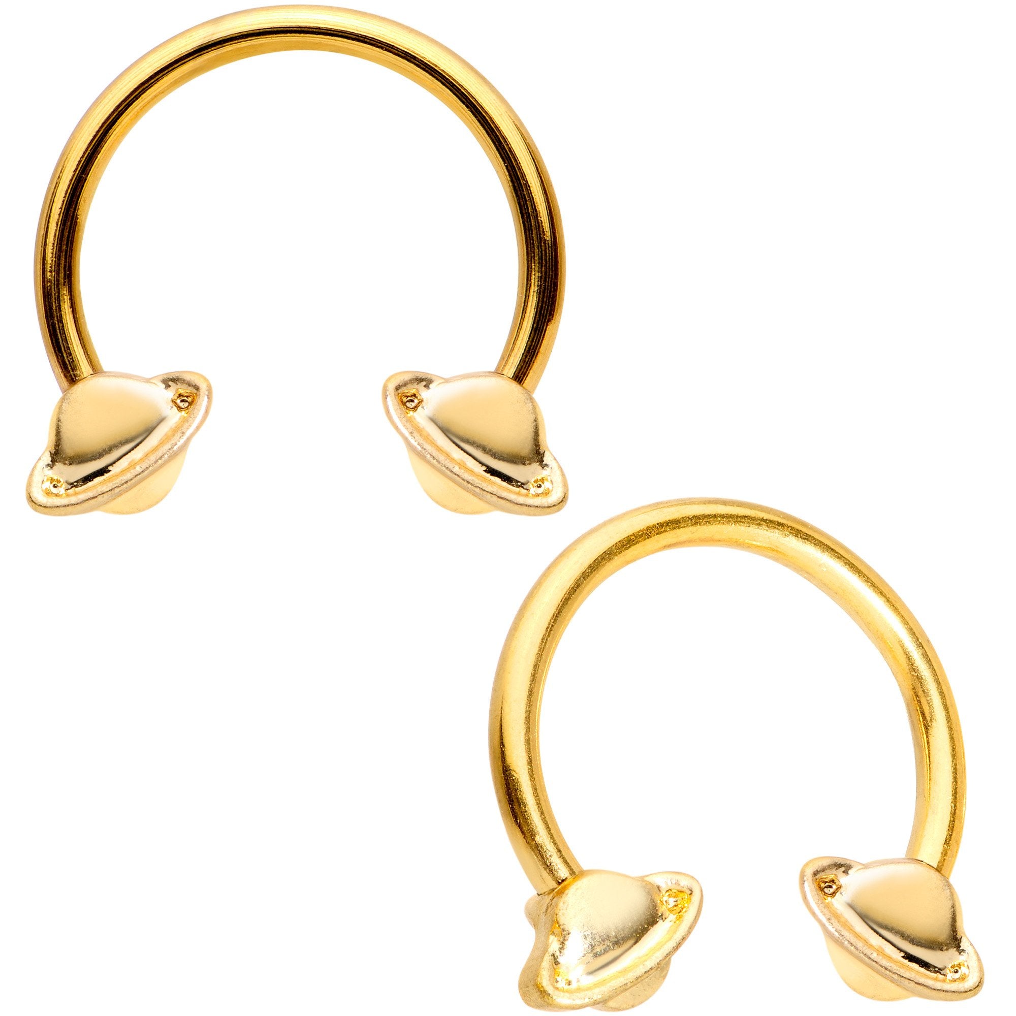 14G 13mm Gold Tone Sexy Saturn Horseshoe Nipple Ring Set