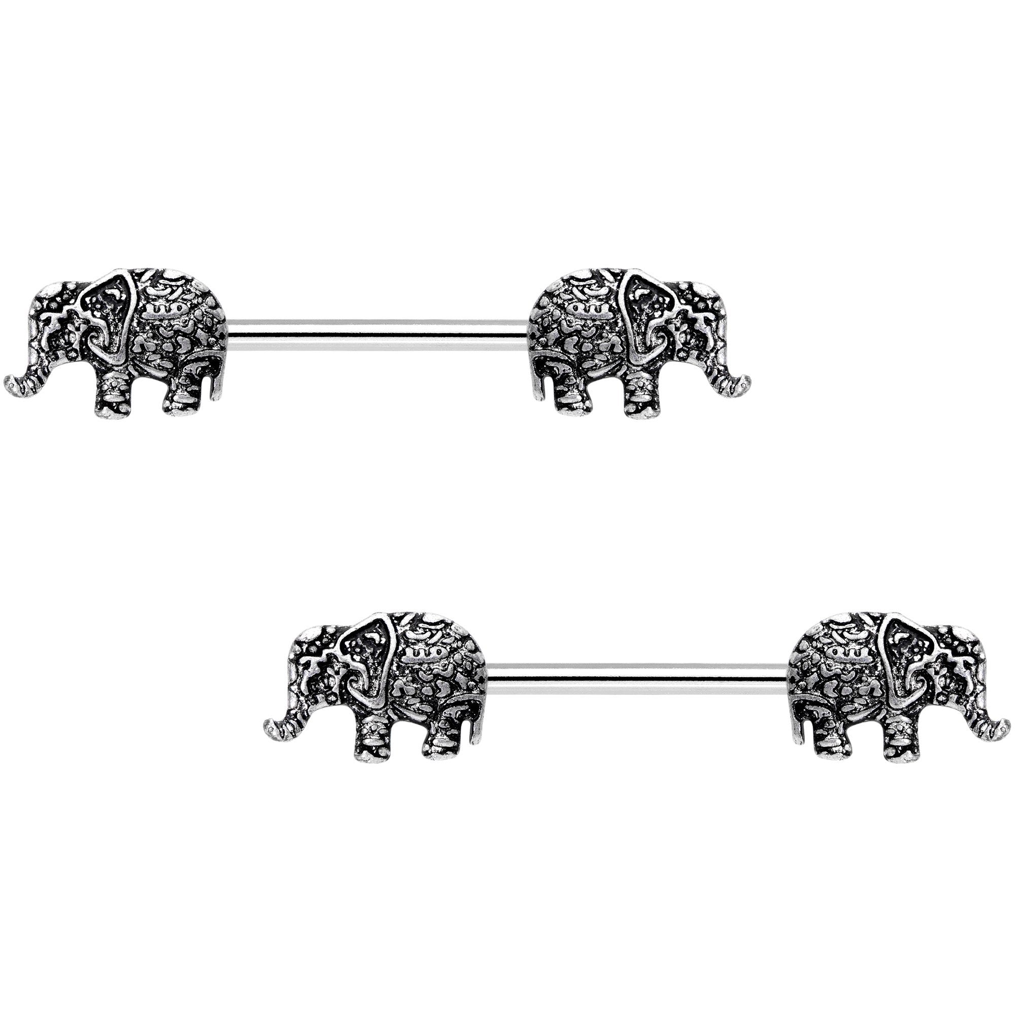 14G 9/16 Ornate Pattern Elephant Barbell Nipple Ring Set