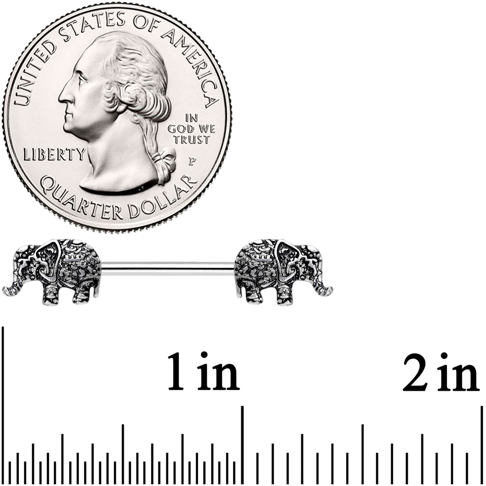 14G 9/16 Ornate Pattern Elephant Barbell Nipple Ring Set