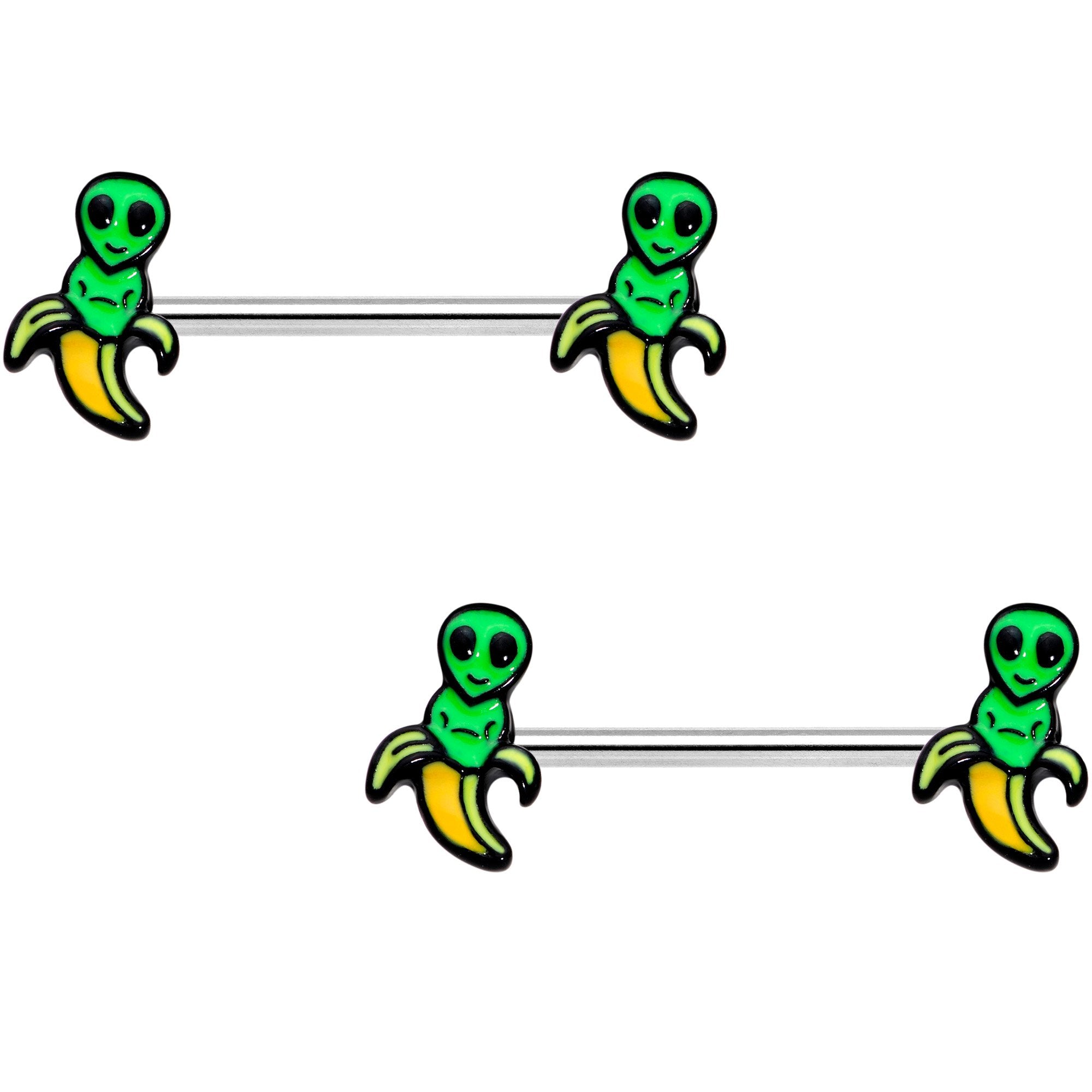 14G 9/16 Appealing Little Banana Alien Barbell Nipple Ring Set