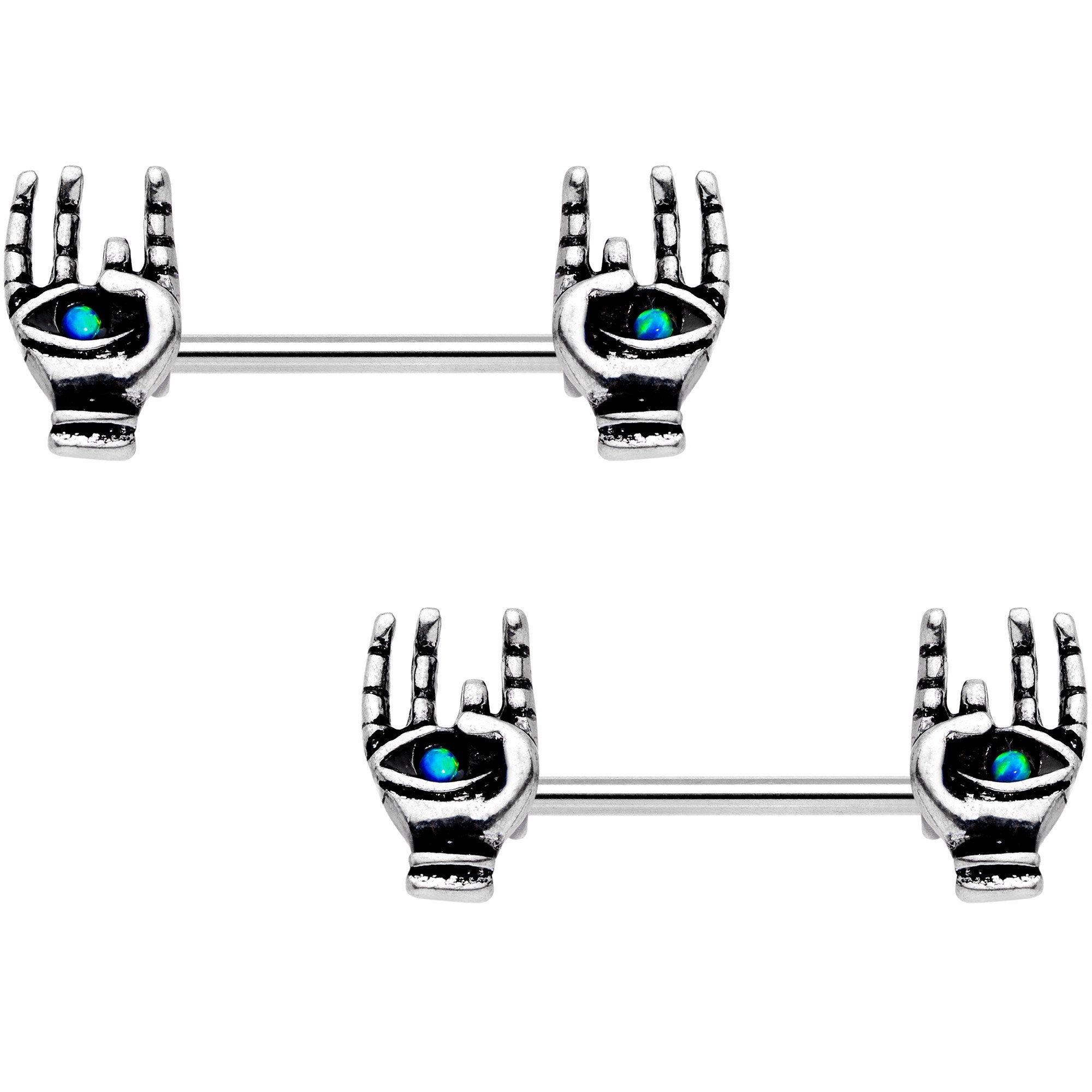 14G 9/16 Synthetic Opal Hamsa Barbell Nipple Ring Set