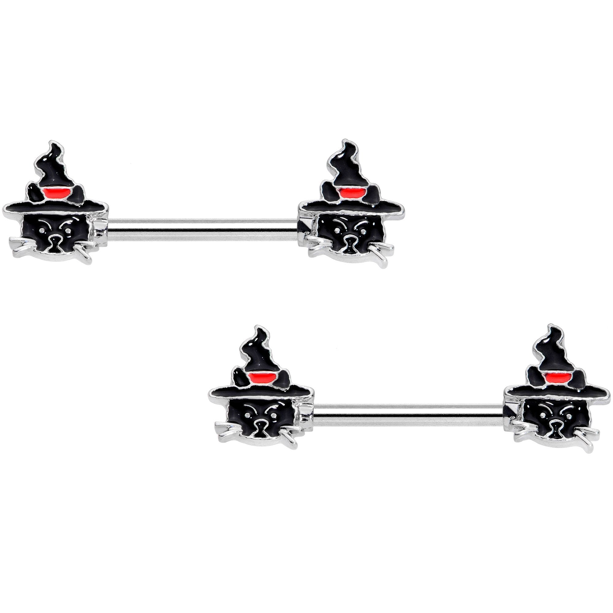 14G 9/16 Halloween Witch Way Black Cat Barbell Nipple Ring Set