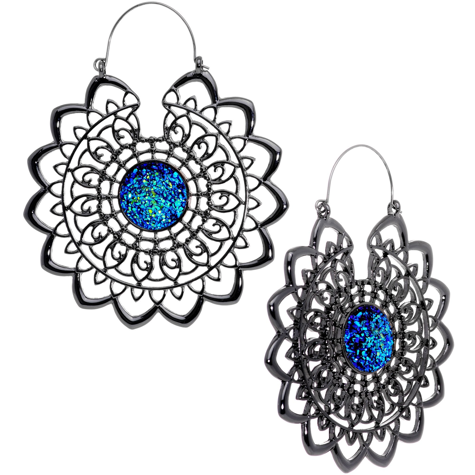 Blue Faux Druzy Black Serenity Mandala Tunnel Plug Earrings