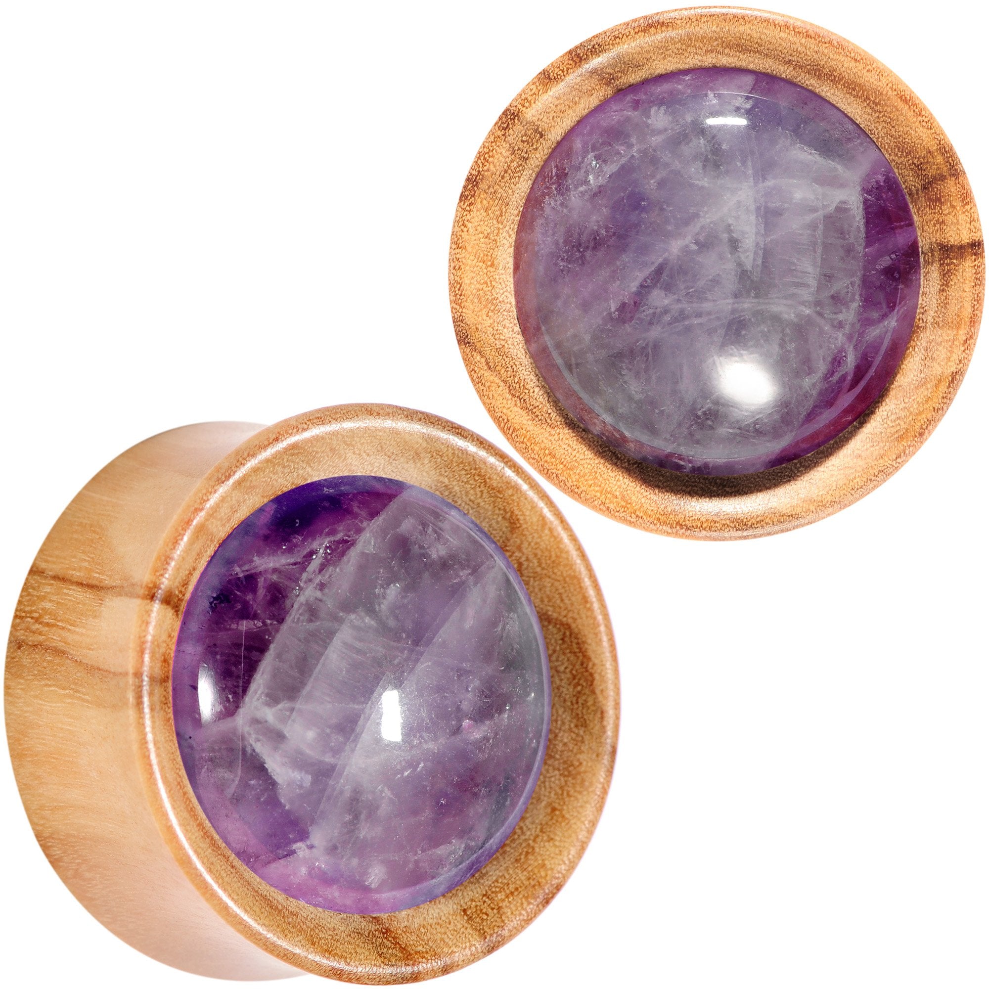 Purple CZ Gem Olive Wood Natural Beauty Saddle Plug Set 5mm to 25mm