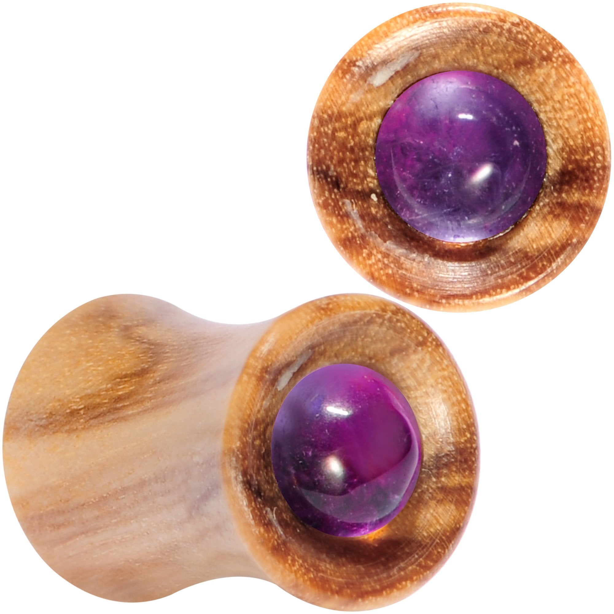 Purple CZ Gem Olive Wood Natural Beauty Saddle Plug Set 5mm to 25mm