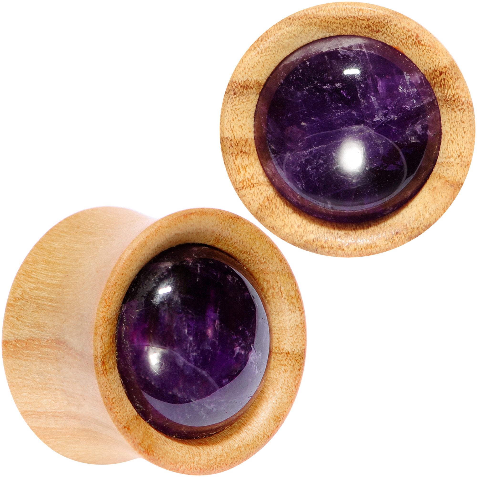 Purple CZ Gem Olive Wood Natural Beauty Saddle Plug Set 5mm to 25mm